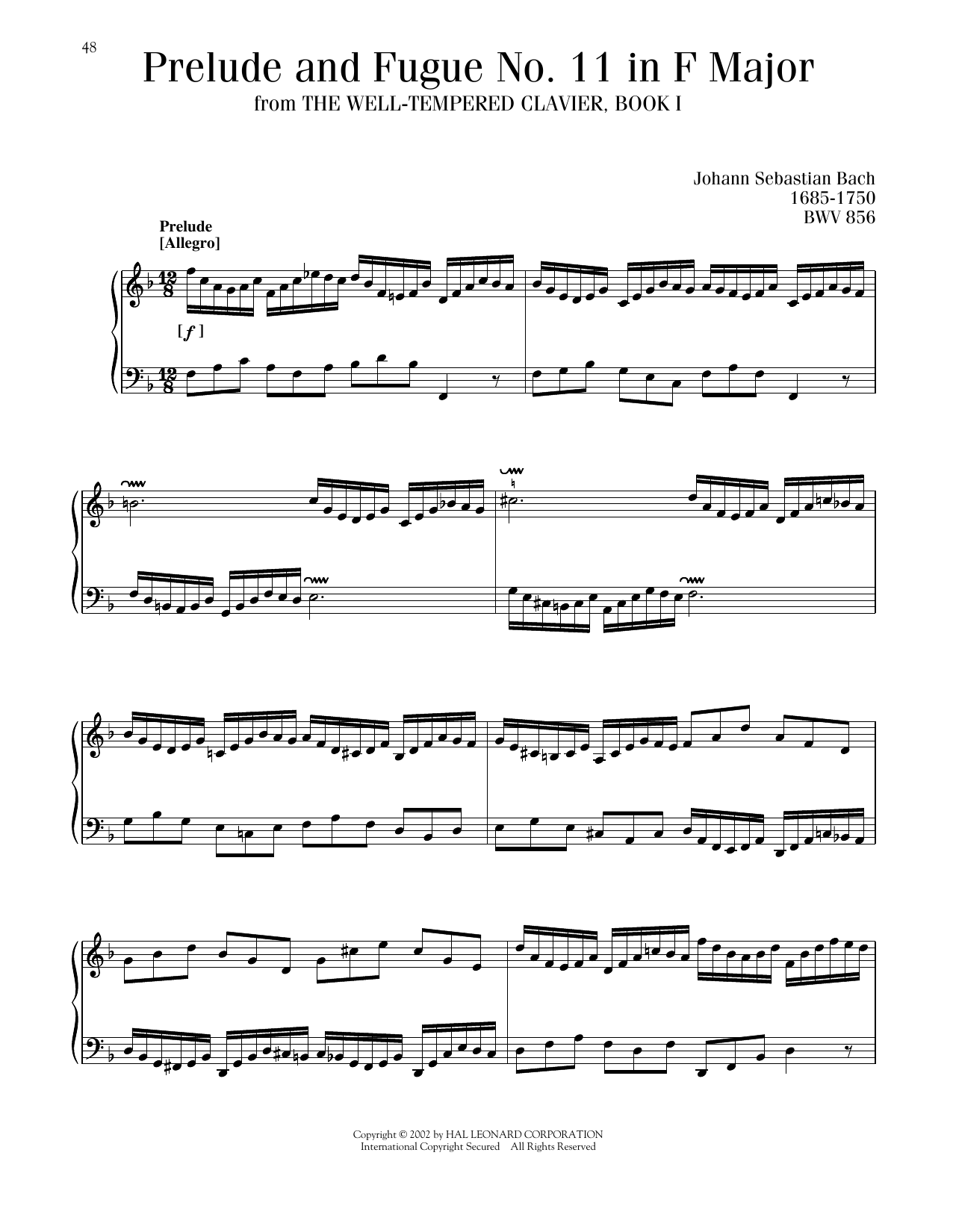 Johann Sebastian Bach Prelude And Fugue In F Major, BWV 556 sheet music, chords, lyrics - Printable PDF for Piano Solo