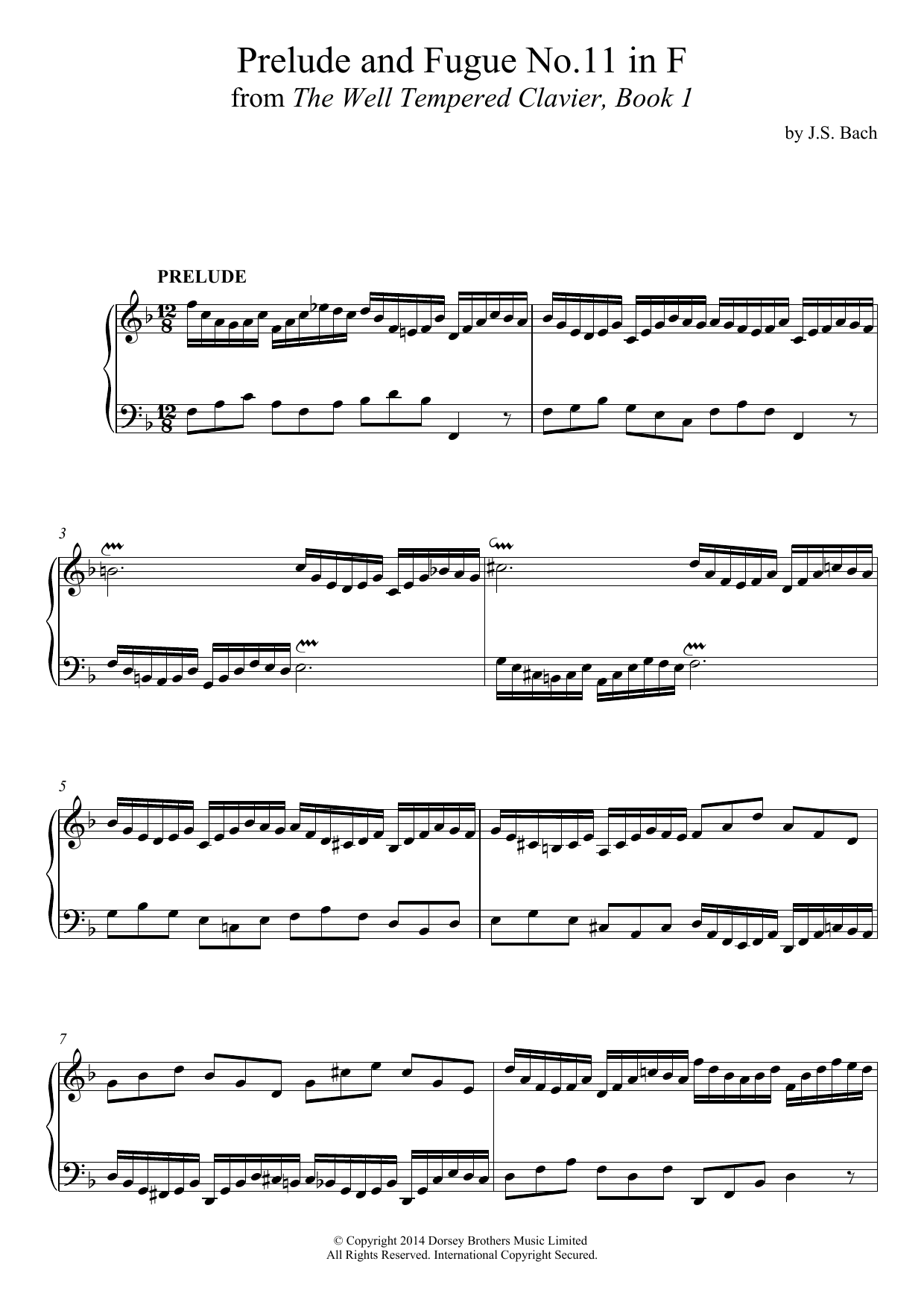 J.S. Bach Prelude and Fugue No. 11 In F Major (BWV 856 From 'The Well-Tempered Clavier, Book 1') sheet music, chords, lyrics - Printable PDF for Piano
