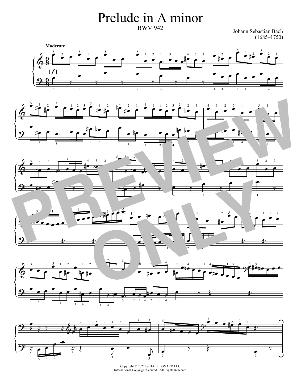 Johann Sebastian Bach Prelude In A Minor, BWV 942 sheet music, chords, lyrics - Printable PDF for Piano Solo