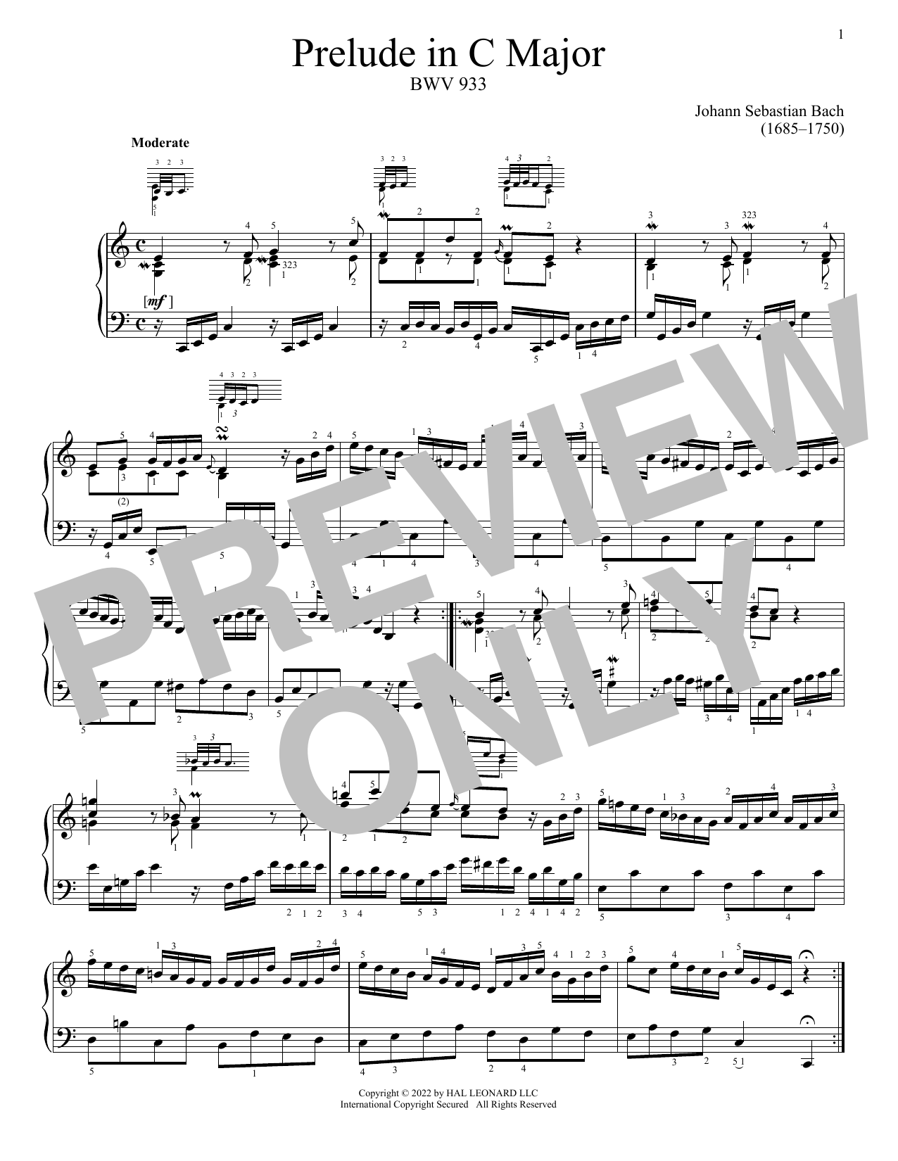 Johann Sebastian Bach Prelude In C Major, BWV 933 sheet music, chords, lyrics - Printable PDF for Piano Solo