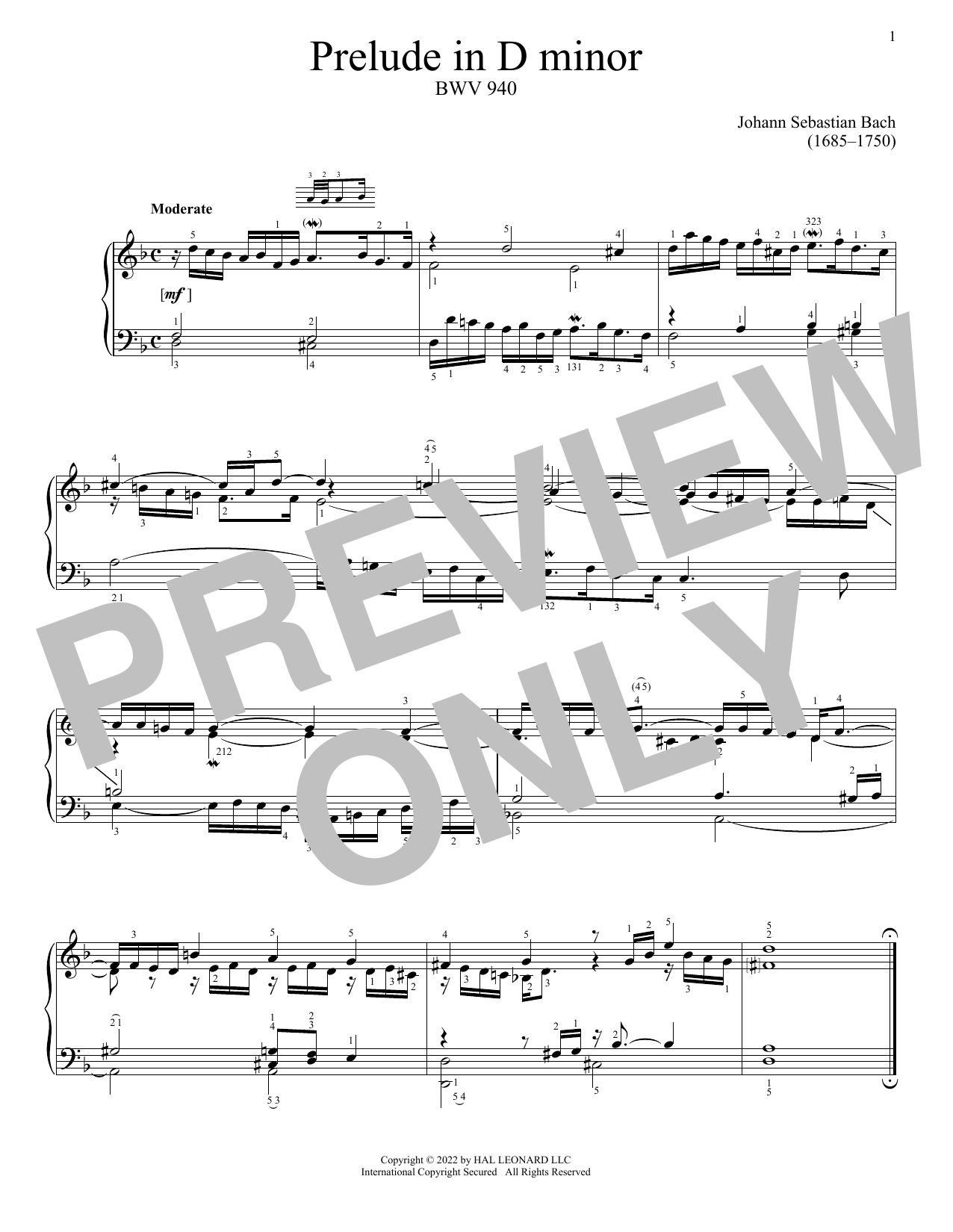 Johann Sebastian Bach Prelude In D Minor, BWV 940 sheet music, chords, lyrics - Printable PDF for Piano Solo