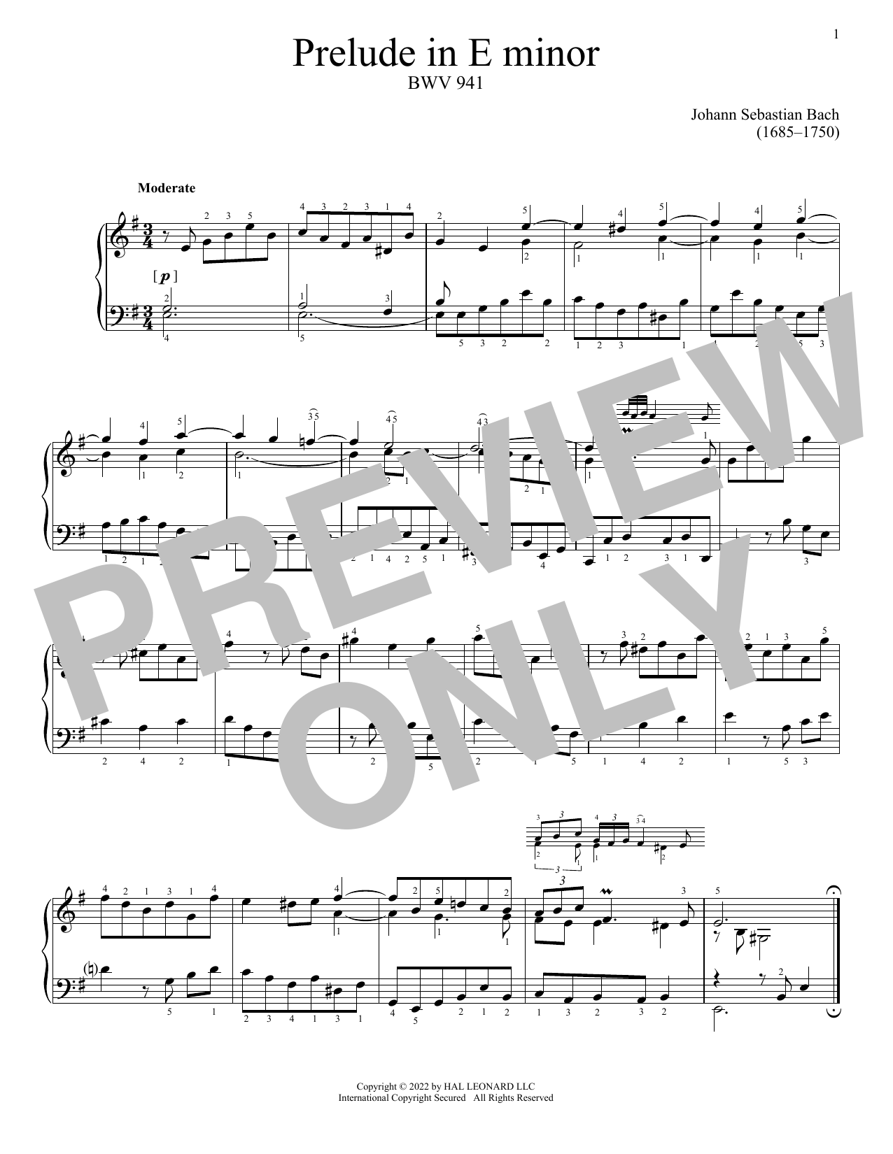 Johann Sebastian Bach Prelude In E Minor, BWV 941 sheet music, chords, lyrics - Printable PDF for Piano Solo