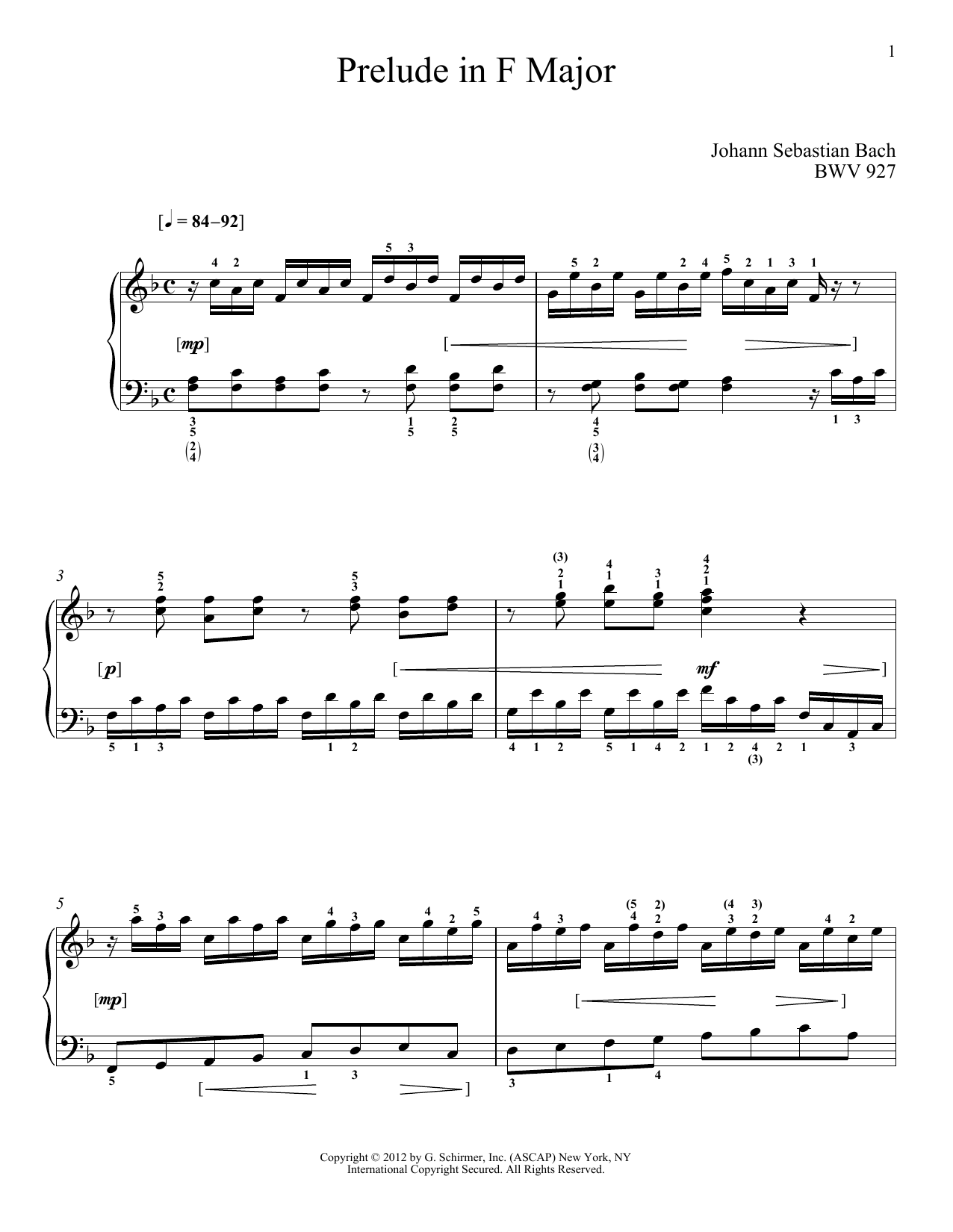 Johann Sebastian Bach Prelude In F Major, BMV 927 sheet music, chords, lyrics - Printable PDF for Piano