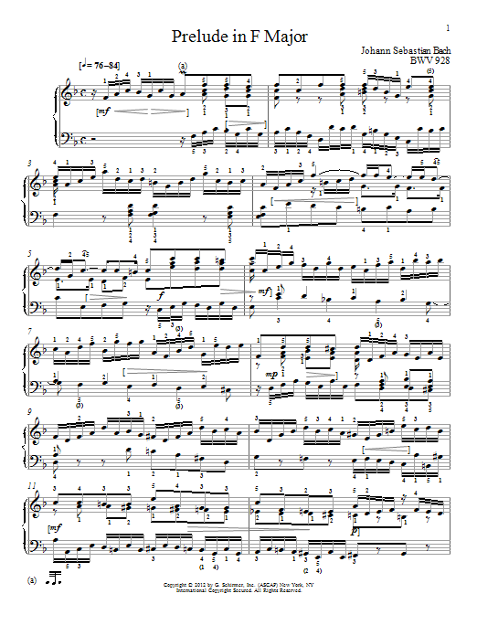 J.S. Bach Prelude In F Major, BMV 928 sheet music, chords, lyrics - Printable PDF for Piano
