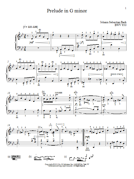 J.S. Bach Prelude In G Minor, BMV 930 sheet music, chords, lyrics - Printable PDF for Piano