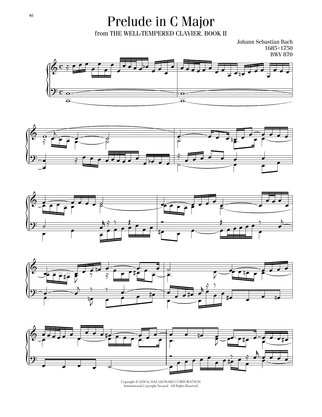 Johann Sebastian Bach Prelude No. 1 In C Major, BWV 870 sheet music, chords, lyrics - Printable PDF for Piano Solo