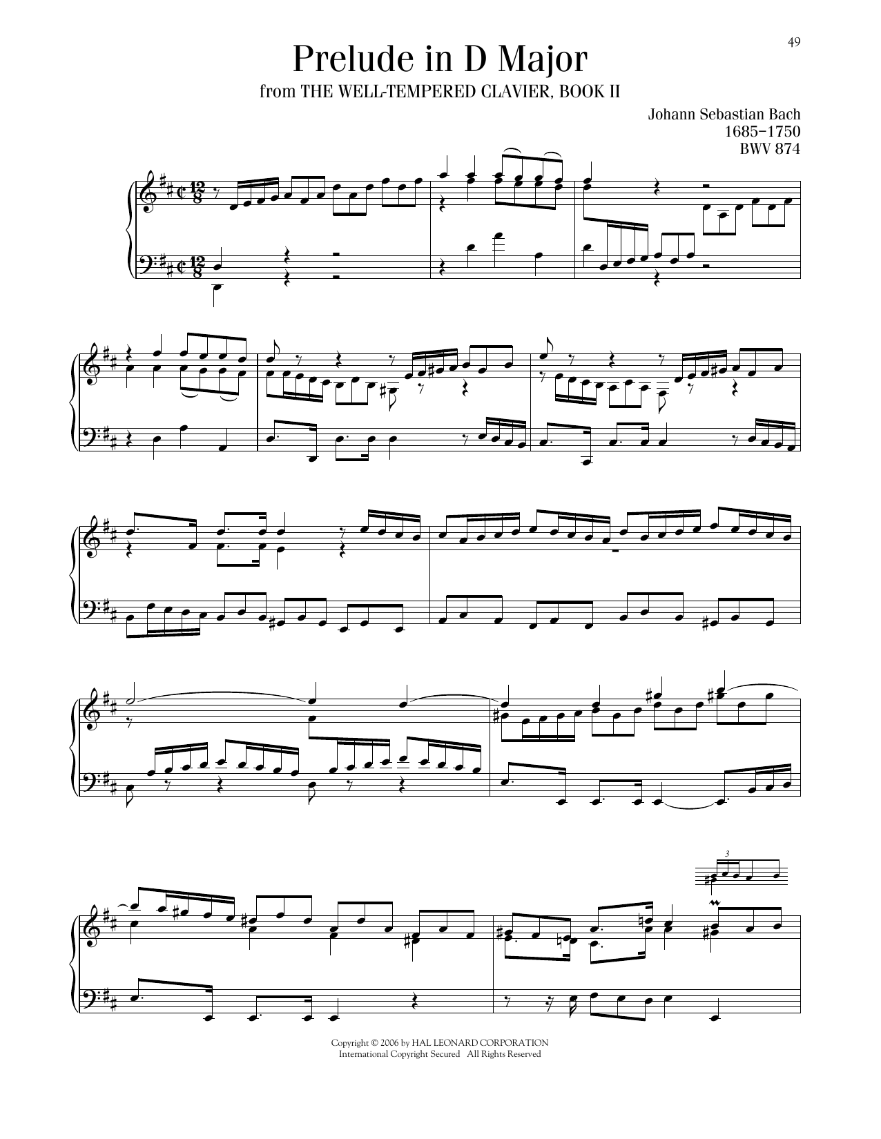 Johann Sebastian Bach Prelude No. 5 In D Major, BWV 874 sheet music, chords, lyrics - Printable PDF for Piano Solo