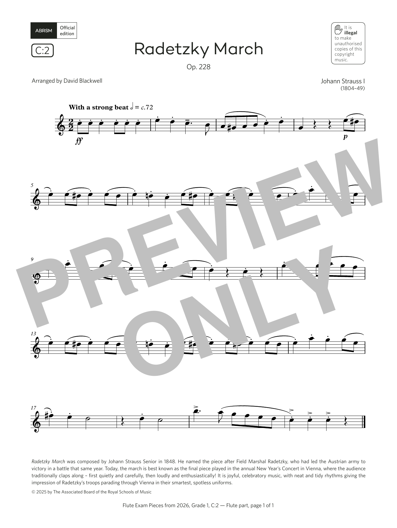 Johann Strauss I Radetzky March (Grade 1, list C2, from the ABRSM Flute Syllabus from 2026) sheet music, chords, lyrics - Printable PDF for Flute Solo