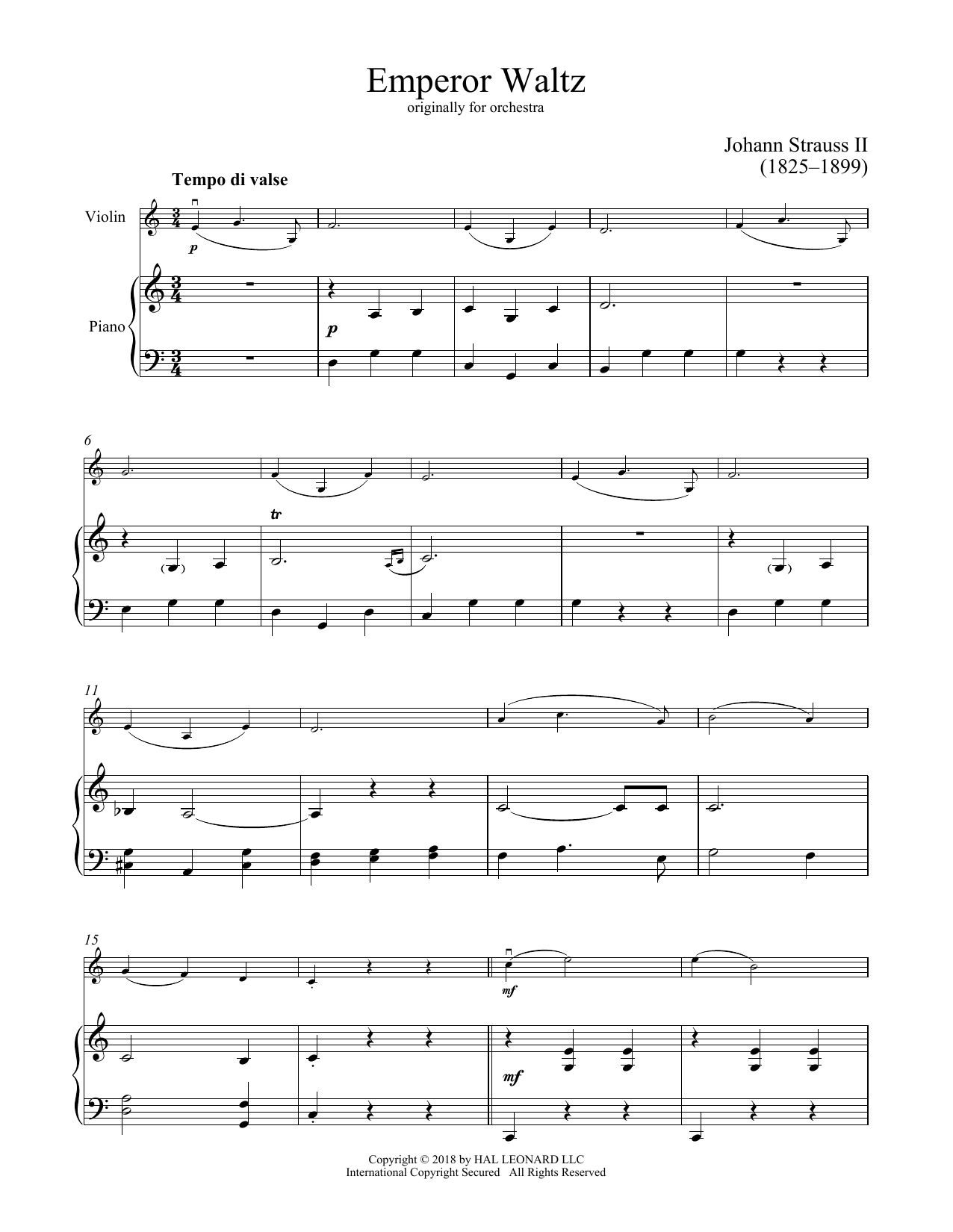 Johann Strauss II Emperor Waltz, Op. 437 sheet music, chords, lyrics - Printable PDF for Really Easy Piano