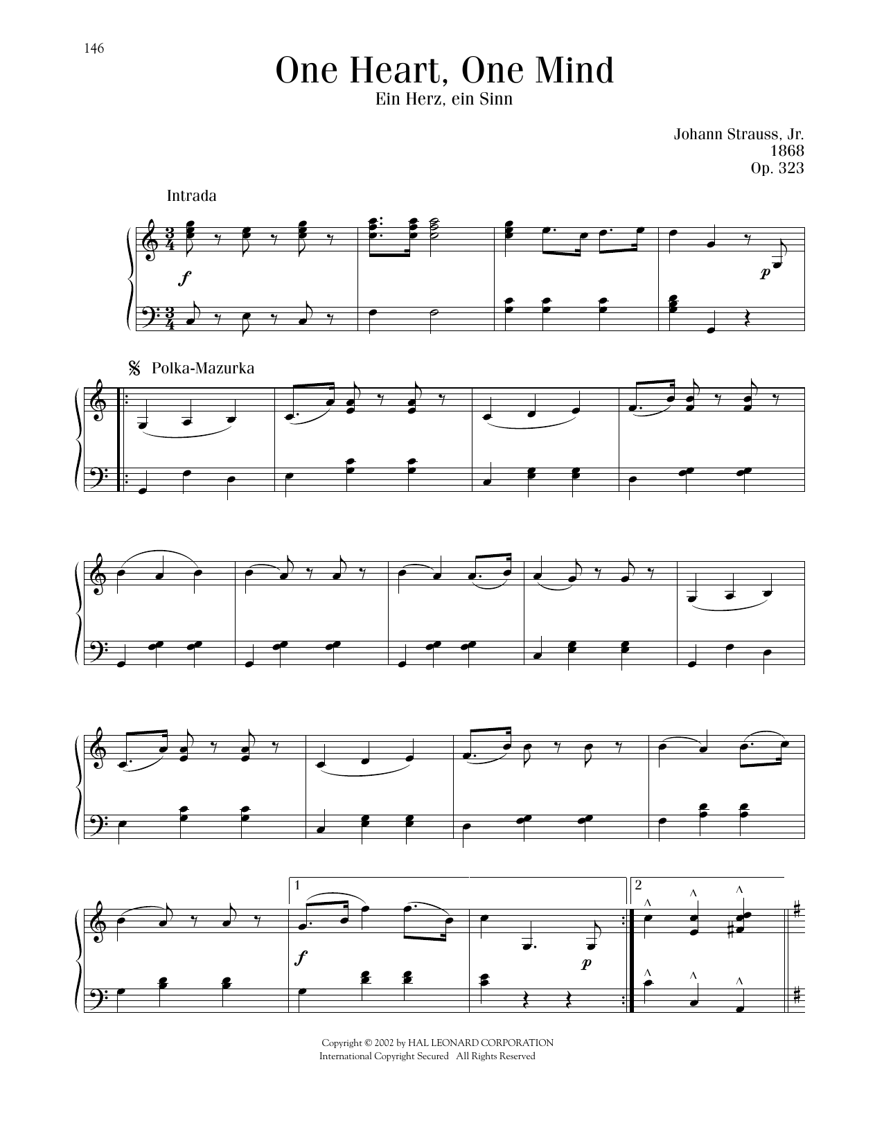 Johann Strauss One Heart, One Mind, Op. 323 sheet music, chords, lyrics - Printable PDF for Piano Solo