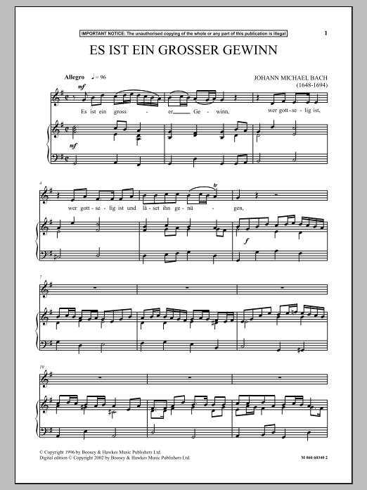 Learn to play Johann Michael Bach Es Ist Ein Grosser Gewinn sheet music for Piano & Vocal in minutes. Johann Michael Bach Es Ist Ein Grosser Gewinn sheet music notes and chords