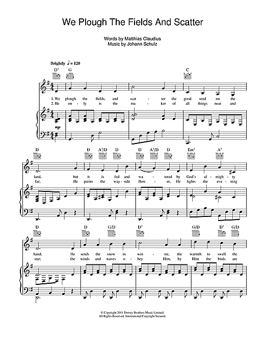 Learn to play Johann Schulz We Plough The Fields And Scatter sheet music for Piano, Vocal & Guitar (Right-Hand Melody) in minutes. Johann Schulz We Plough The Fields And Scatter sheet music notes and chords