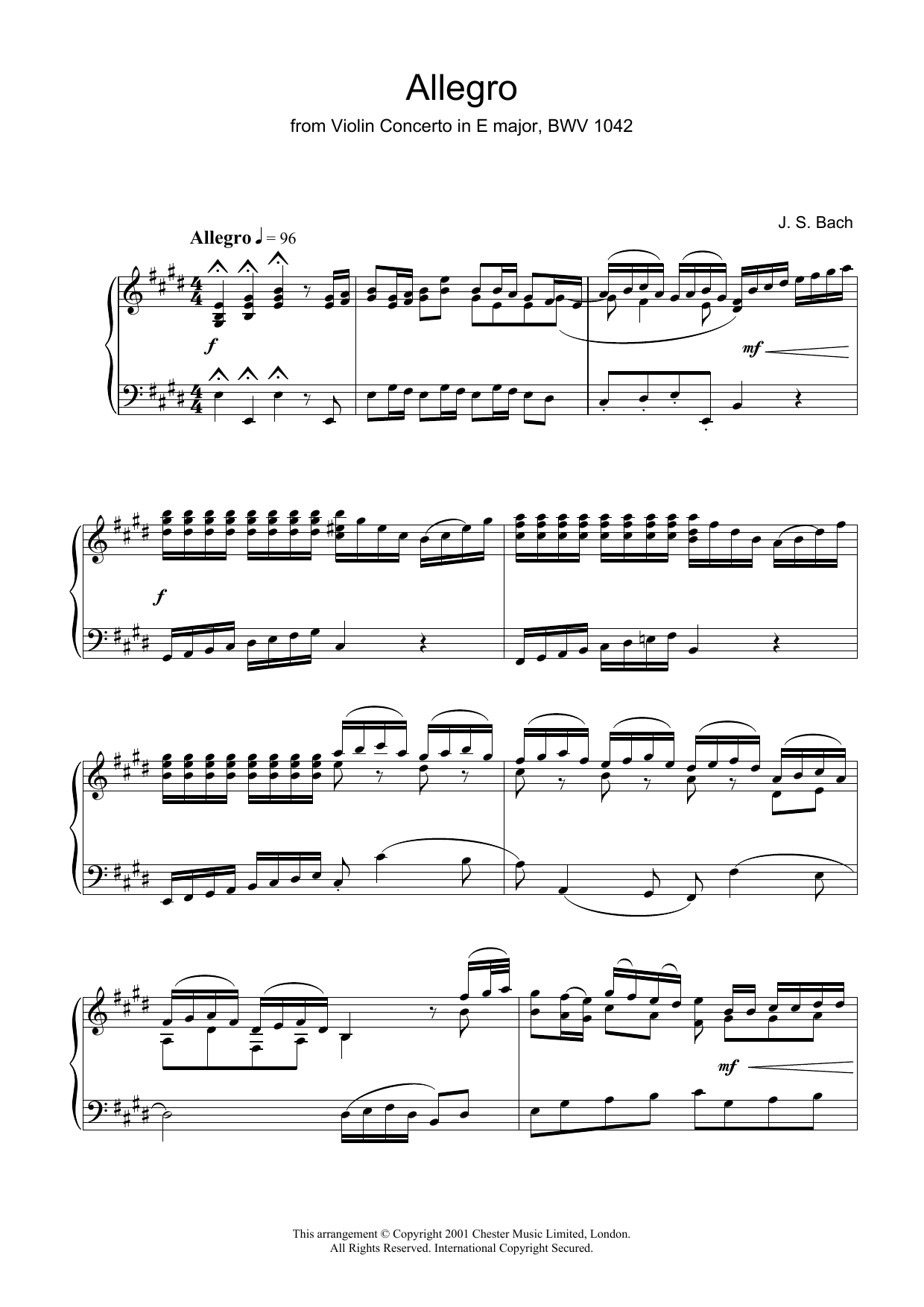 J.S. Bach Allegro From Violin Concerto In E Major, Bwv 1042 sheet music preview music notes and score for Piano including 5 page(s)