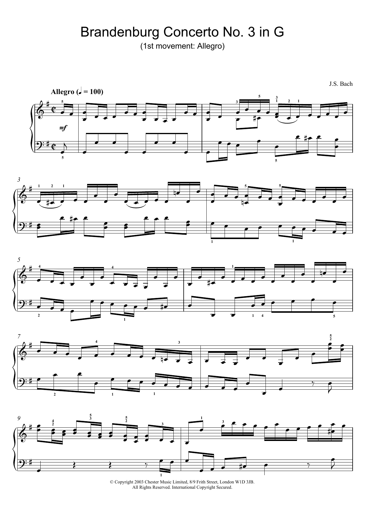 J.S. Bach Brandenburg Concerto No. 3 in G (1st movement: Allegro) sheet music preview music notes and score for Piano including 4 page(s)