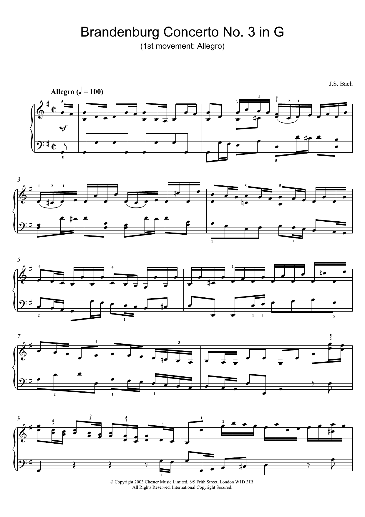 Learn to play J.S. Bach Brandenburg Concerto No. 3 in G (1st movement: Allegro) sheet music for Piano in minutes. J.S. Bach Brandenburg Concerto No. 3 in G (1st movement: Allegro) sheet music preview music notes and score for Piano including 4 page(s)