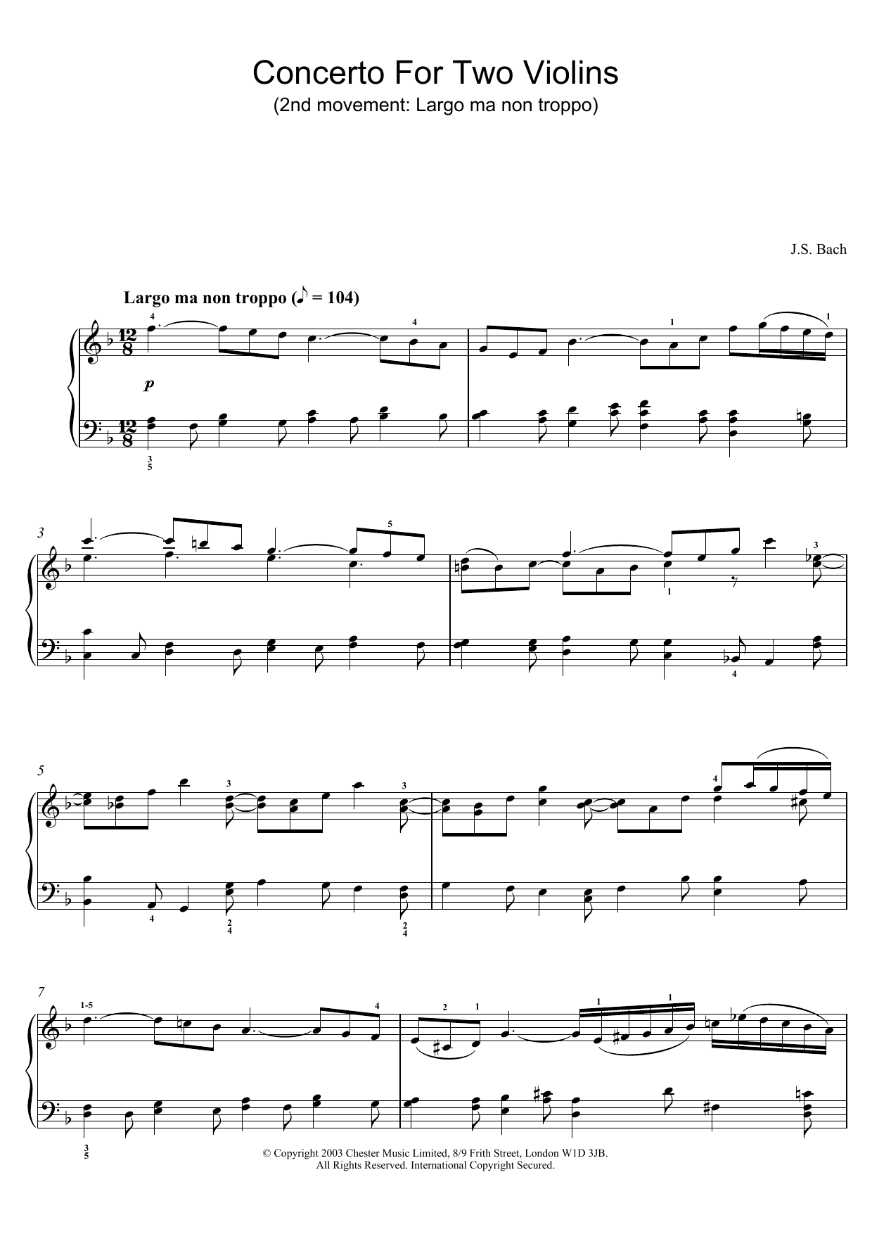 J.S. Bach Concerto For Two Violins (2nd movement: Largo ma non troppo) sheet music preview music notes and score for Piano including 3 page(s)
