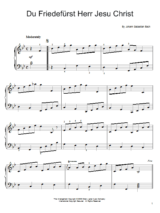 Learn to play J.S. Bach Du Friedefurst Herr Jesu Christ sheet music for Easy Piano in minutes. J.S. Bach Du Friedefurst Herr Jesu Christ sheet music preview music notes and score for Easy Piano including 2 page(s)