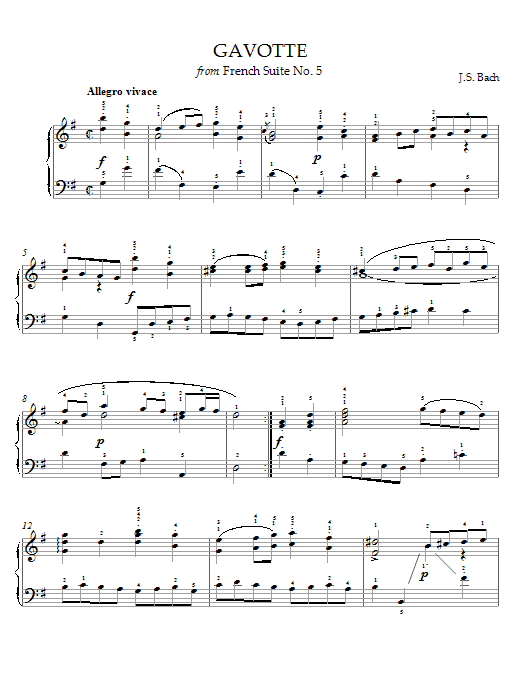 Learn to play J.S. Bach Gavotte (from French Suite No. 5) sheet music for Piano in minutes. J.S. Bach Gavotte (from French Suite No. 5) sheet music notes and chords