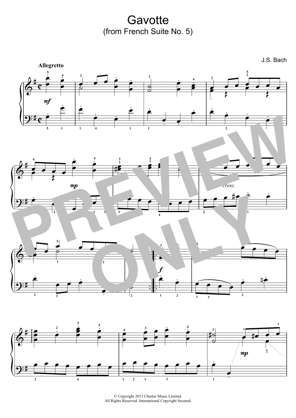 Learn to play J.S. Bach Gavotte (from French Suite No. 5) sheet music for Piano in minutes. J.S. Bach Gavotte (from French Suite No. 5) sheet music preview music notes and score for Piano including 2 page(s)