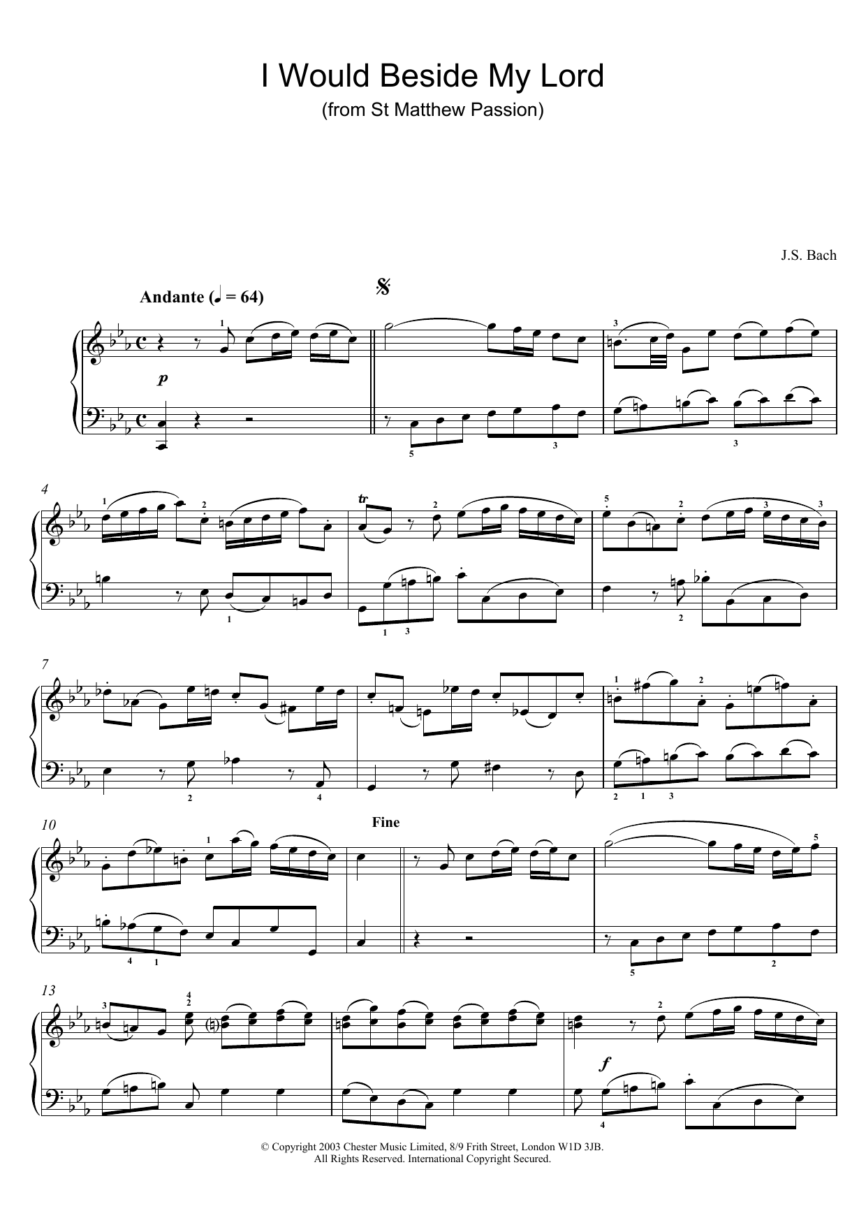 J.S. Bach I Would Beside My Lord (from St Matthew Passion) sheet music preview music notes and score for Piano including 4 page(s)