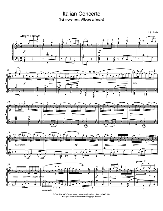 Learn to play J.S. Bach Italian Concerto (1st movement: Allegro animato) sheet music for Piano in minutes. J.S. Bach Italian Concerto (1st movement: Allegro animato) sheet music notes and chords
