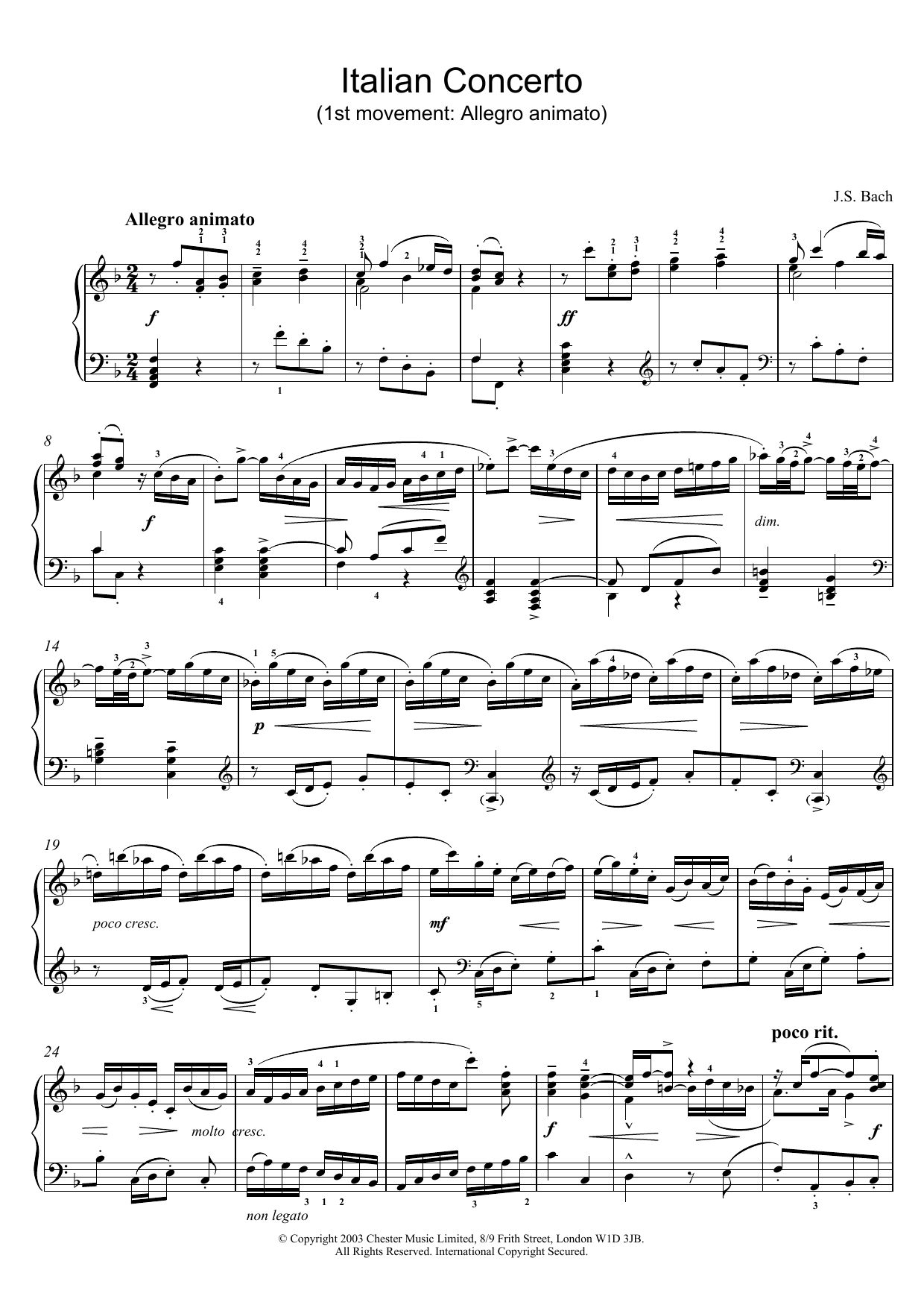 Learn to play J.S. Bach Italian Concerto (1st movement: Allegro animato) sheet music for Piano in minutes. J.S. Bach Italian Concerto (1st movement: Allegro animato) sheet music preview music notes and score for Piano including 7 page(s)