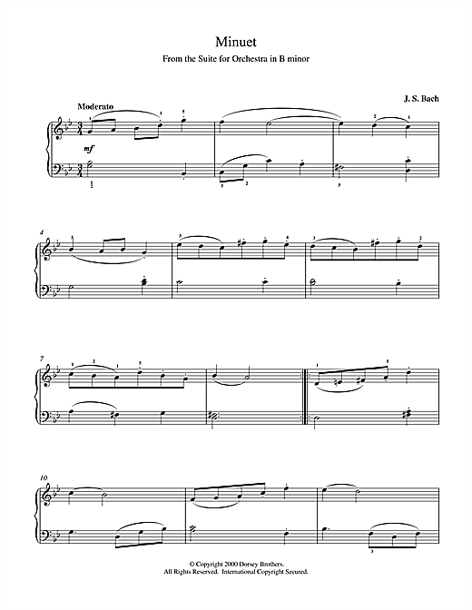 Learn to play J.S. Bach Minuet (from Orchestral Suite No. 2 in B Minor) sheet music for Piano in minutes. J.S. Bach Minuet (from Orchestral Suite No. 2 in B Minor) sheet music notes and chords