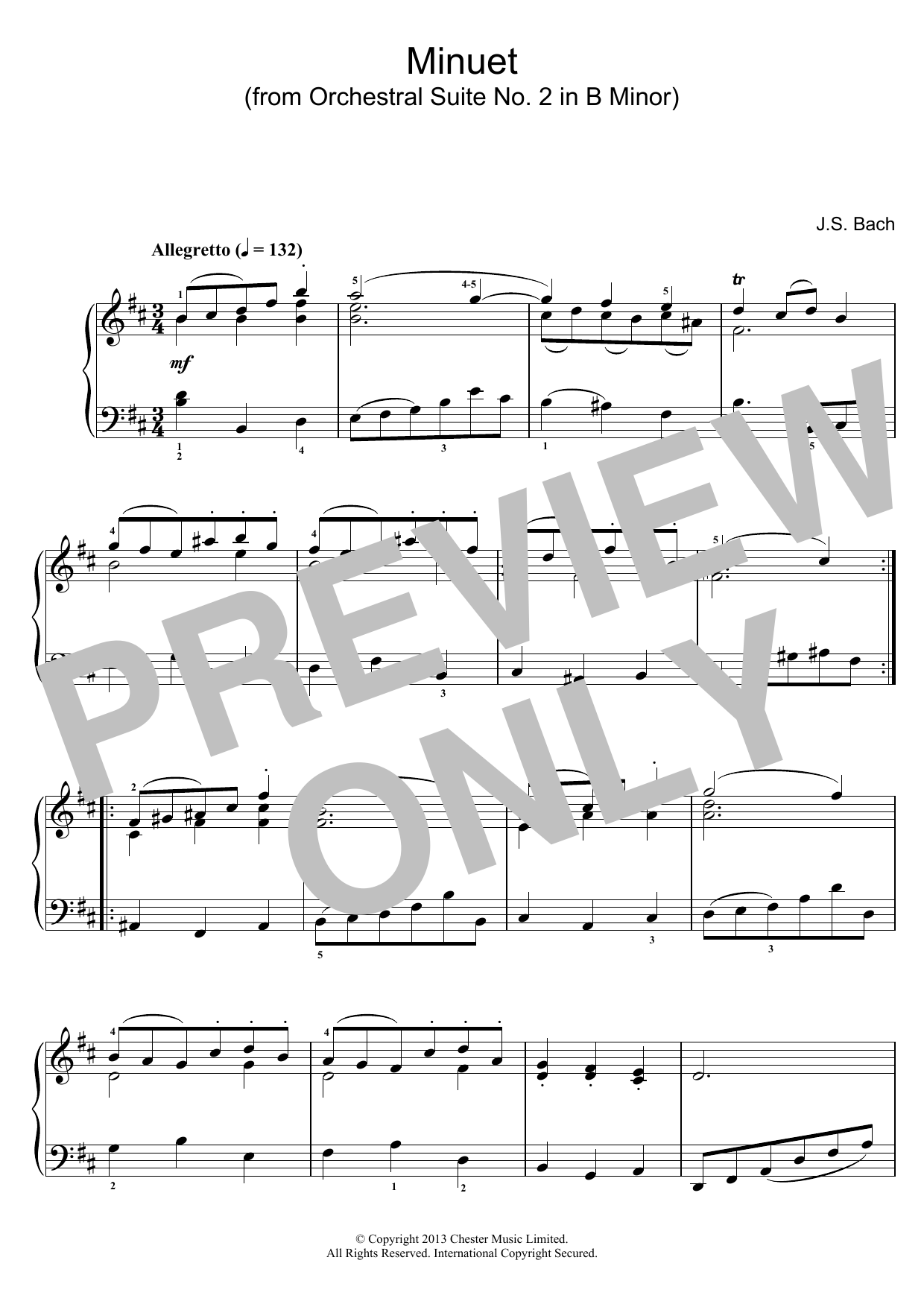Learn to play J.S. Bach Minuet in B Minor (from Orchestral Suite No. 2) sheet music for Piano in minutes. J.S. Bach Minuet in B Minor (from Orchestral Suite No. 2) sheet music preview music notes and score for Piano including 2 page(s)