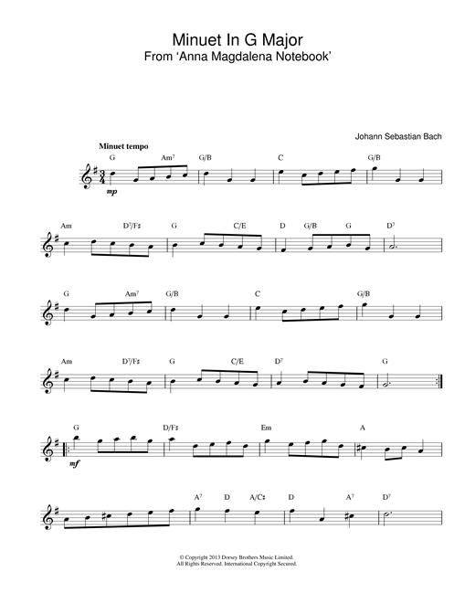 Learn to play J.S. Bach Minuet In G sheet music for Easy Guitar Tab in minutes. J.S. Bach Minuet In G sheet music preview music notes and score for Easy Guitar Tab including 2 page(s)