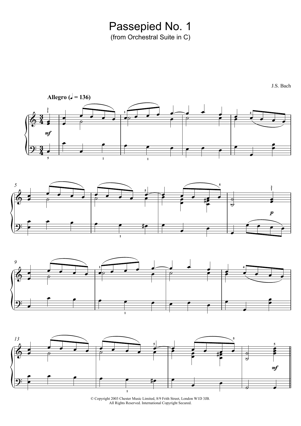 Learn to play J.S. Bach Passepied No. 1 (from Orchestral Suite in C) sheet music for Piano in minutes. J.S. Bach Passepied No. 1 (from Orchestral Suite in C) sheet music preview music notes and score for Piano including 2 page(s)