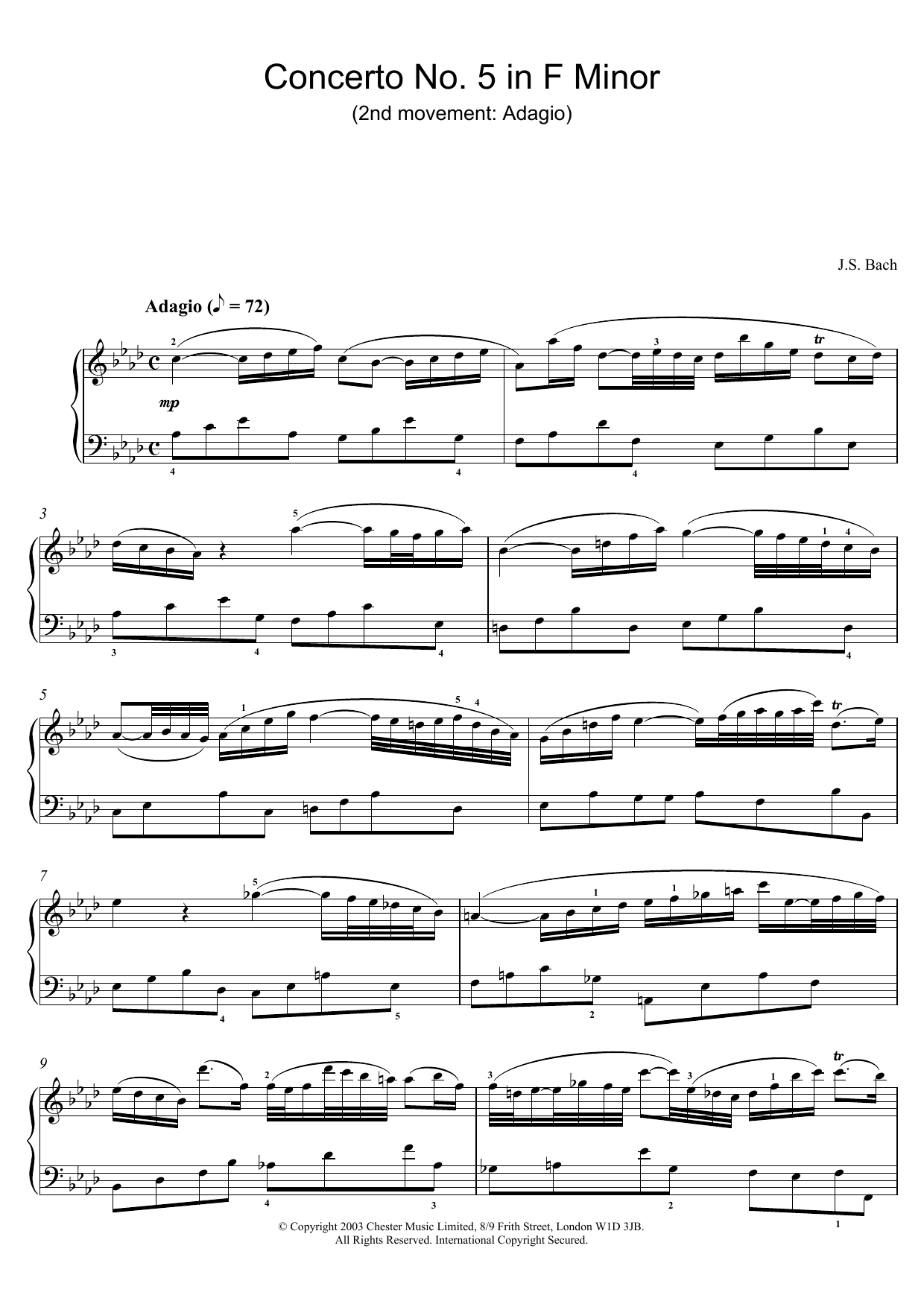 J.S. Bach Piano Concerto No. 5 in F Minor (2nd movement: Adagio) sheet music preview music notes and score for Piano including 2 page(s)