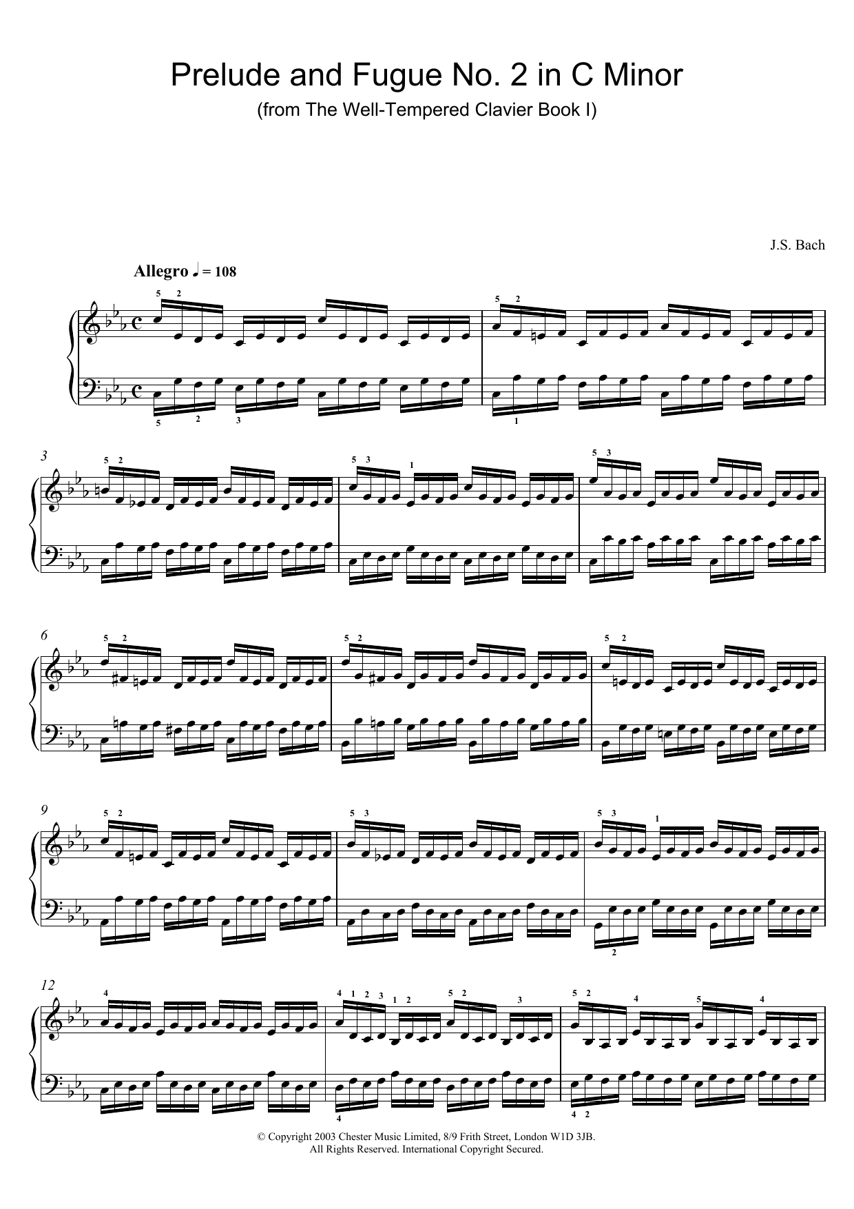 J.S. Bach Prelude and Fugue No.2 in C Minor (from The Well-Tempered Clavier, Bk.1) sheet music preview music notes and score for Piano including 5 page(s)