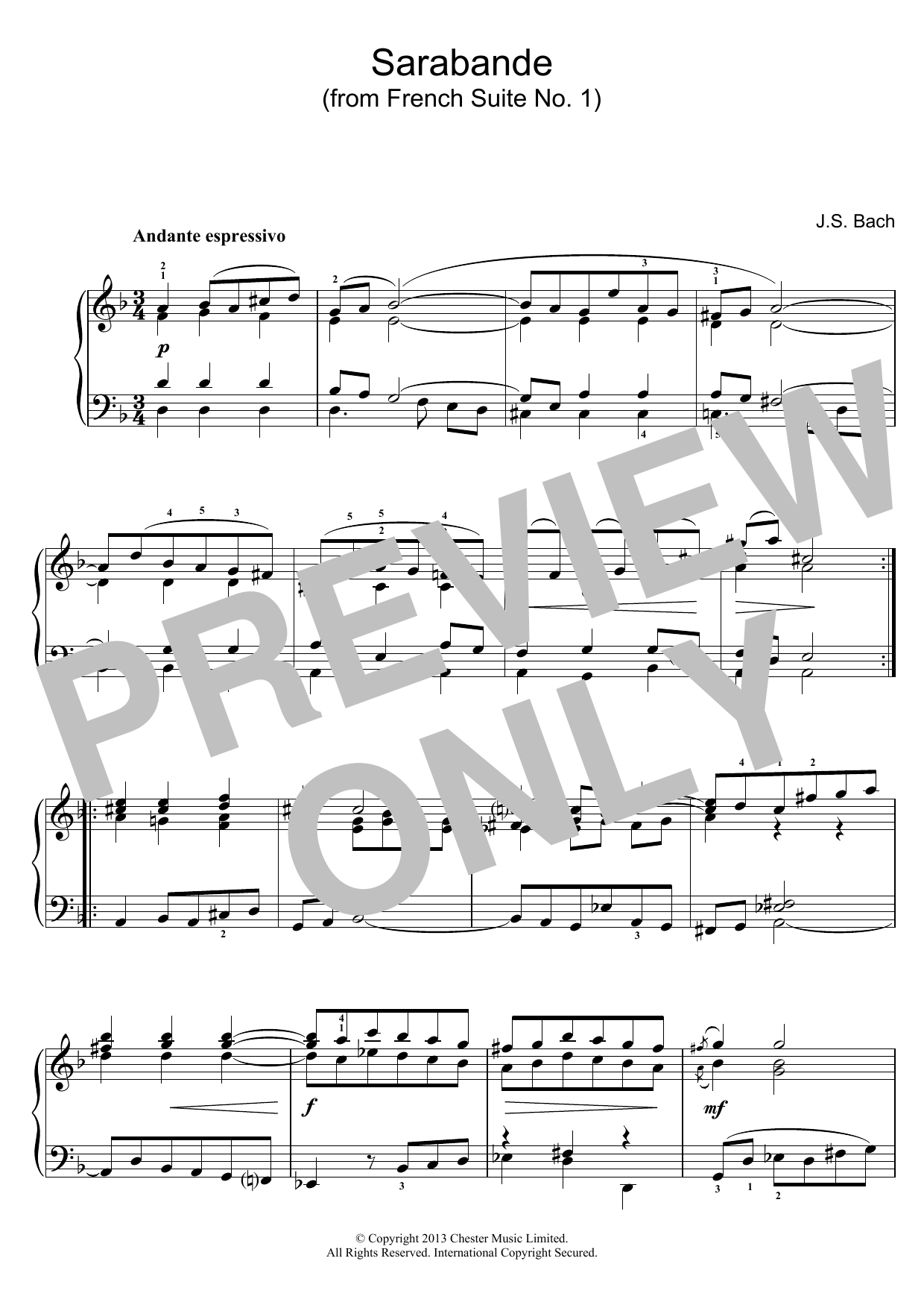 Learn to play J.S. Bach Sarabande (from French Suite No. 1) sheet music for Piano in minutes. J.S. Bach Sarabande (from French Suite No. 1) sheet music preview music notes and score for Piano including 2 page(s)