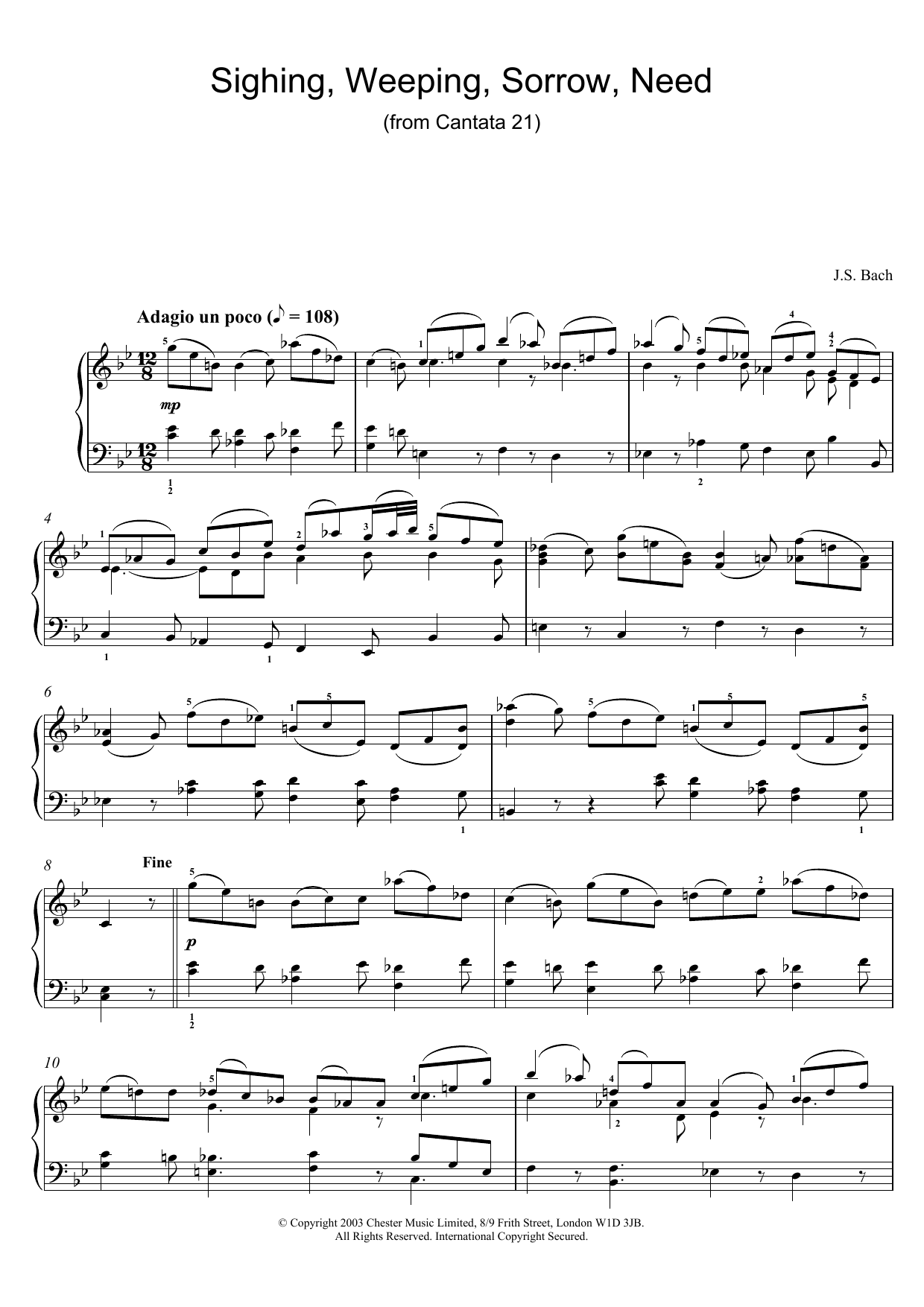 J.S. Bach Sighing, Weeping, Sorrow, Need (from Cantata 21) sheet music preview music notes and score for Piano including 2 page(s)