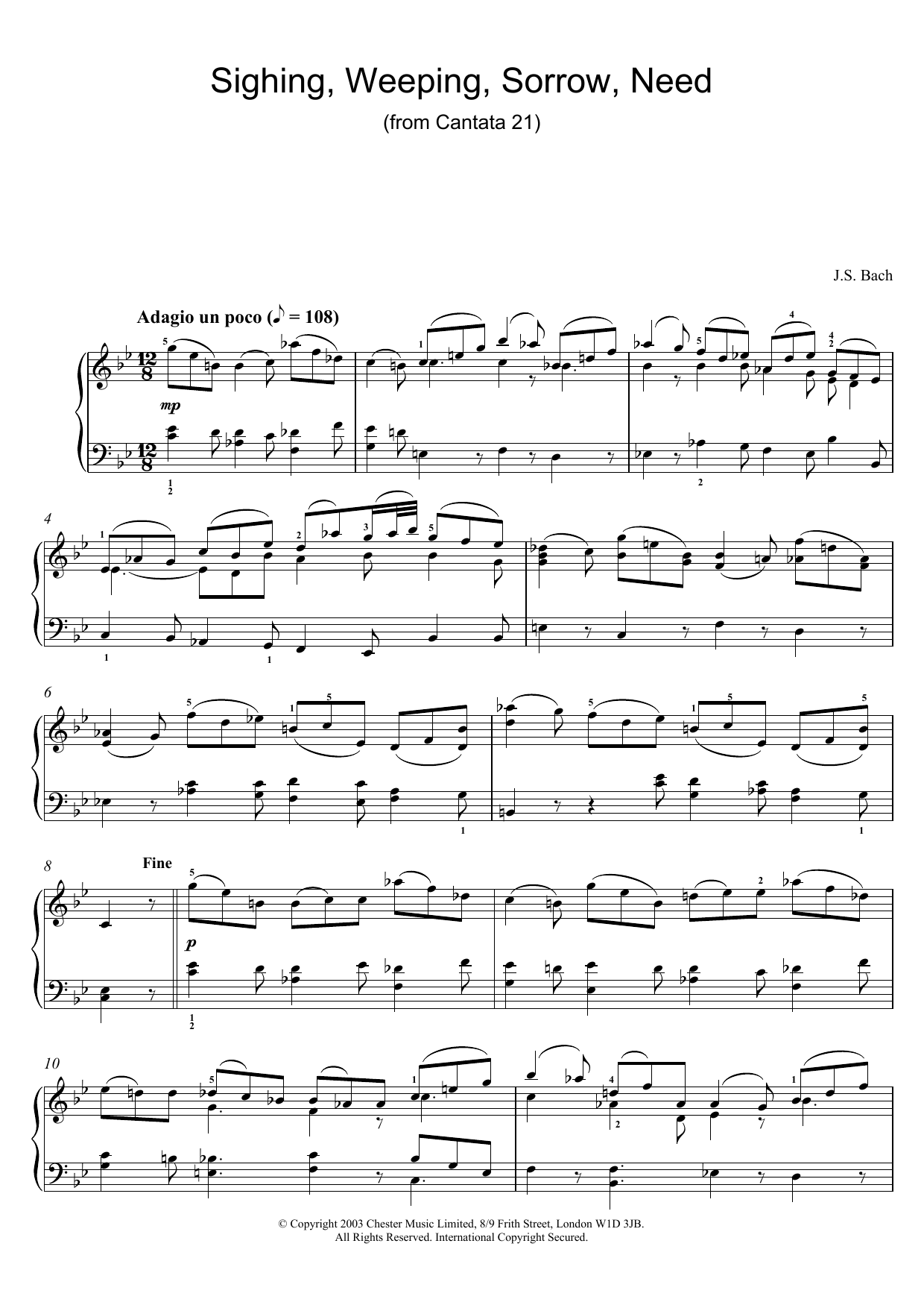 Learn to play J.S. Bach Sighing, Weeping, Sorrow, Need (from Cantata 21) sheet music for Piano in minutes. J.S. Bach Sighing, Weeping, Sorrow, Need (from Cantata 21) sheet music preview music notes and score for Piano including 2 page(s)
