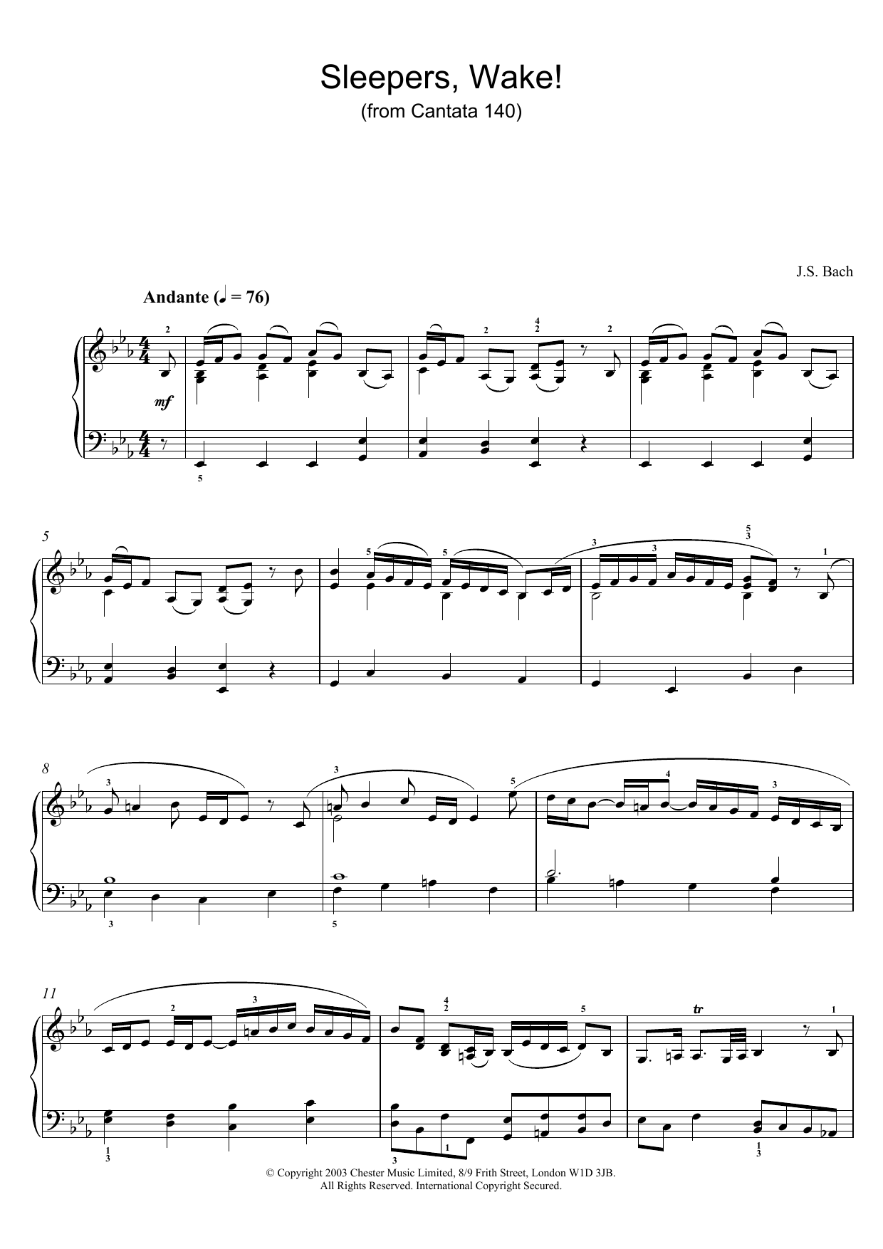 Learn to play J.S. Bach Sleepers, Wake! (from Cantata 140) sheet music for Piano in minutes. J.S. Bach Sleepers, Wake! (from Cantata 140) sheet music preview music notes and score for Piano including 3 page(s)