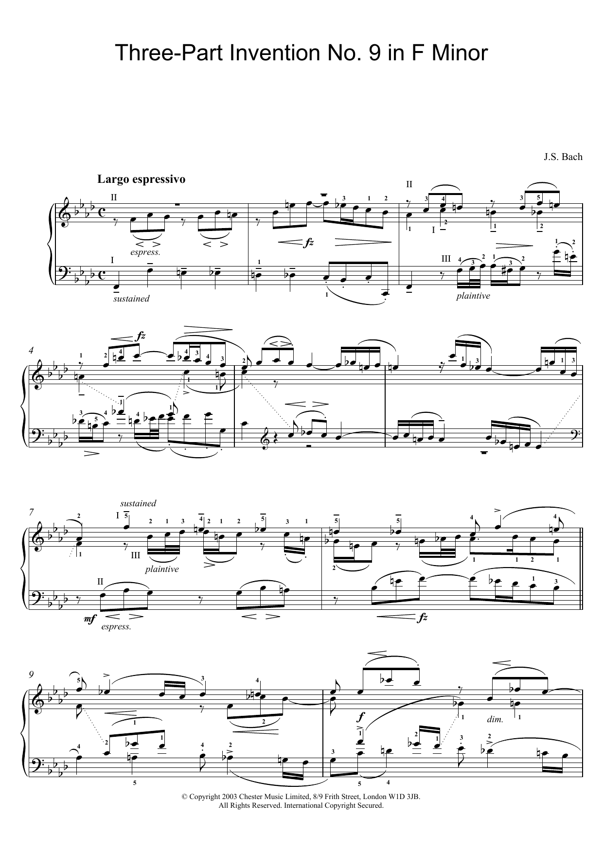 Learn to play J.S. Bach Three-Part Invention No. 9 in F Minor sheet music for Piano in minutes. J.S. Bach Three-Part Invention No. 9 in F Minor sheet music preview music notes and score for Piano including 3 page(s)