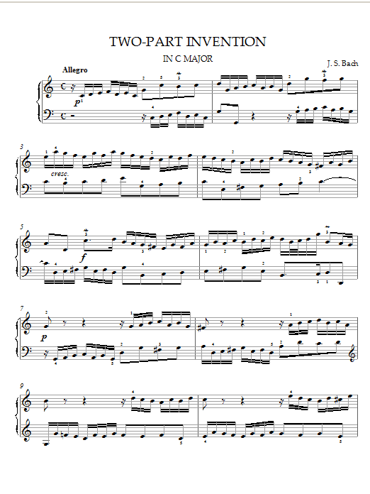 Learn to play J.S. Bach Two-Part Invention in C Major sheet music for Piano in minutes. J.S. Bach Two-Part Invention in C Major sheet music notes and chords