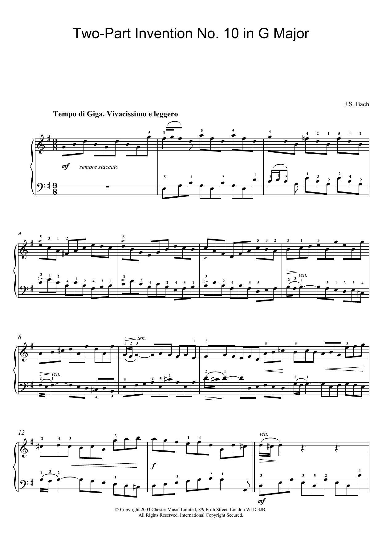 J.S. Bach Two-Part Invention No. 10 in G Major sheet music preview music notes and score for Piano including 2 page(s)