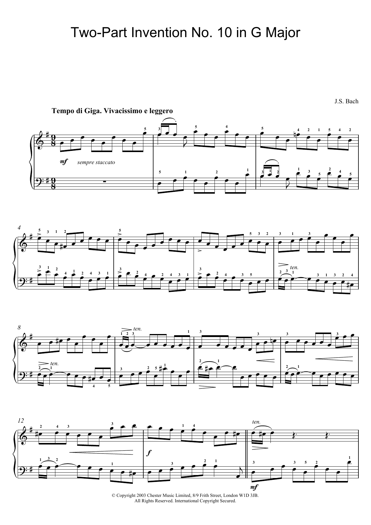 Learn to play J.S. Bach Two-Part Invention No. 10 in G Major sheet music for Piano in minutes. J.S. Bach Two-Part Invention No. 10 in G Major sheet music preview music notes and score for Piano including 2 page(s)