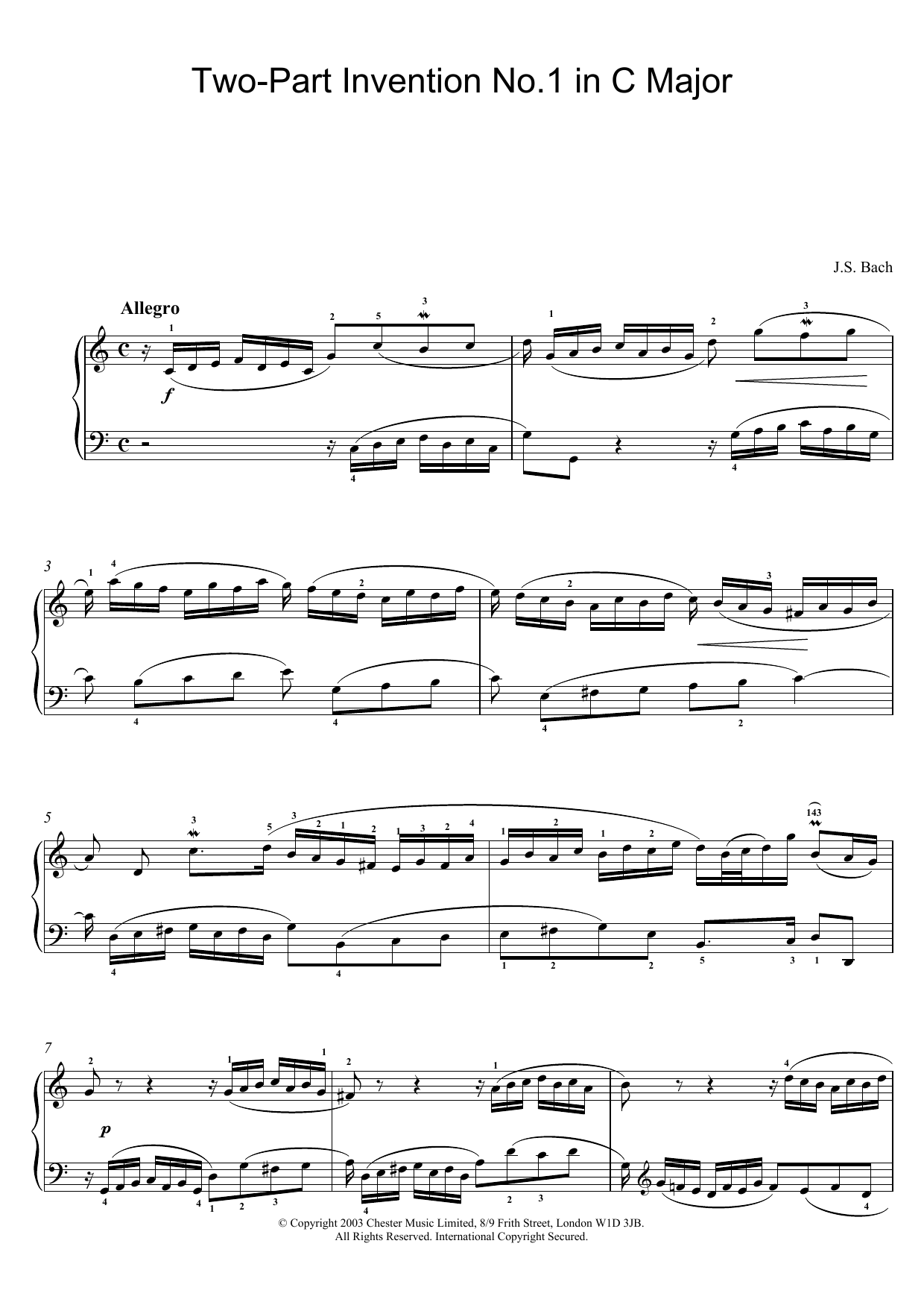 Learn to play J.S. Bach Two-Part Invention No.1 in C Major sheet music for Piano in minutes. J.S. Bach Two-Part Invention No.1 in C Major sheet music preview music notes and score for Piano including 2 page(s)