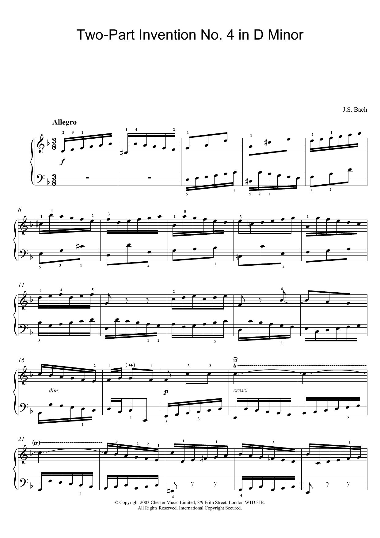 Learn to play J.S. Bach Two-Part Invention No. 4 in D Minor sheet music for Piano in minutes. J.S. Bach Two-Part Invention No. 4 in D Minor sheet music preview music notes and score for Piano including 2 page(s)