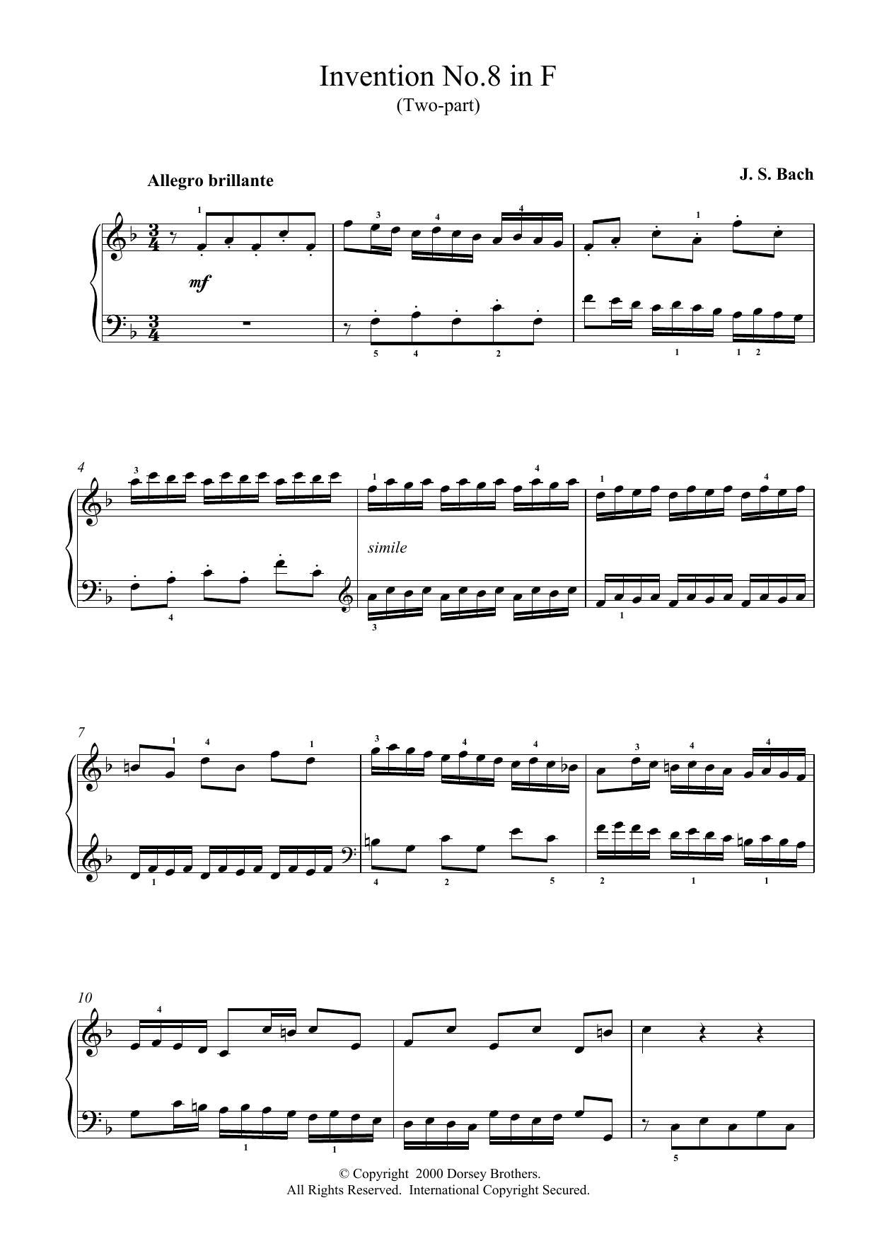 J.S. Bach Two-Part Invention No. 8 in F Major sheet music preview music notes and score for Piano including 2 page(s)