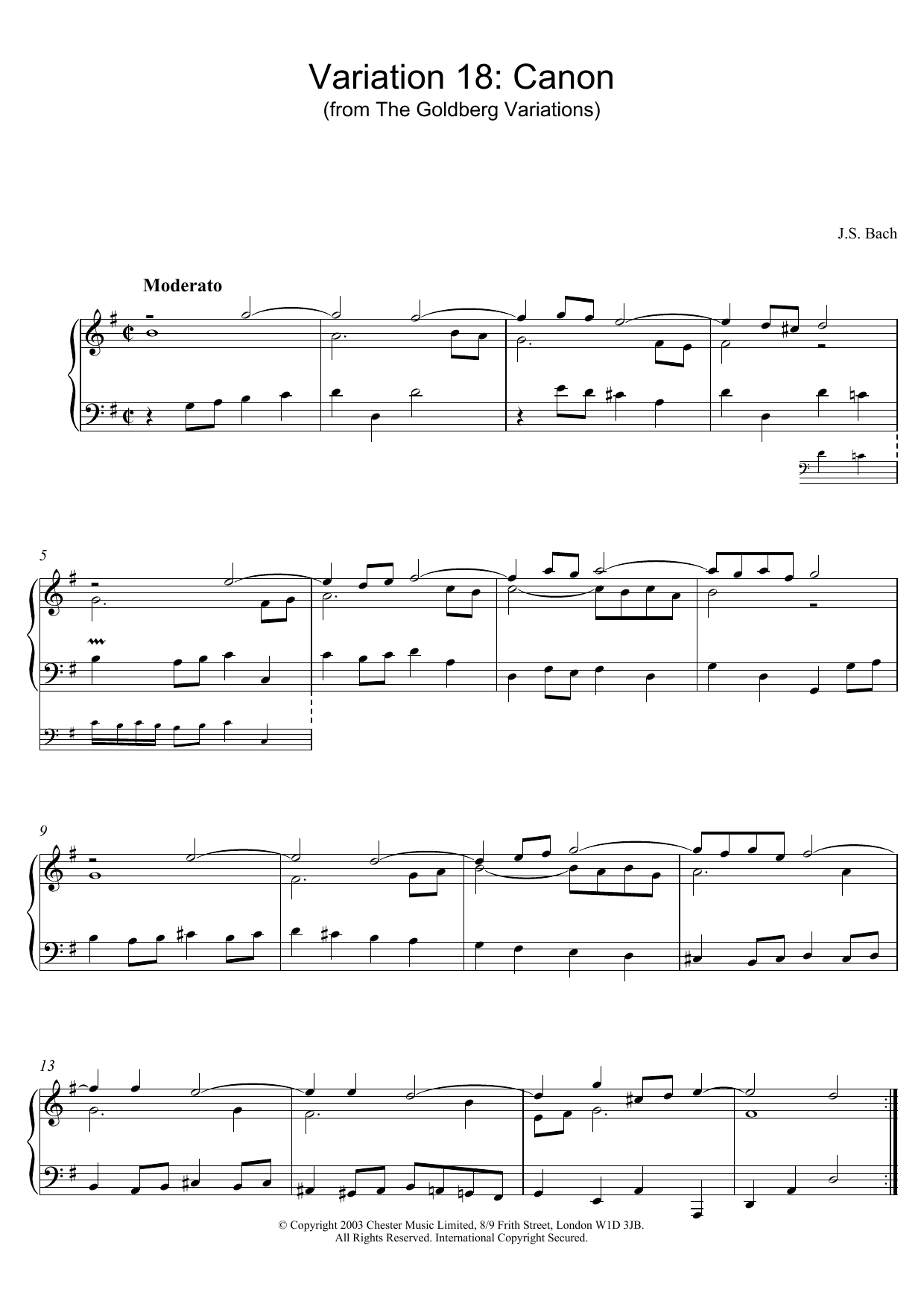 J.S. Bach Variation 18: Canon (from The Goldberg Variations) sheet music preview music notes and score for Piano including 2 page(s)