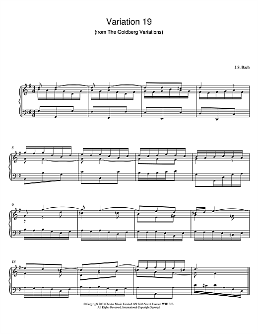 Learn to play J.S. Bach Variation 19 (from The Goldberg Variations) sheet music for Piano in minutes. J.S. Bach Variation 19 (from The Goldberg Variations) sheet music notes and chords