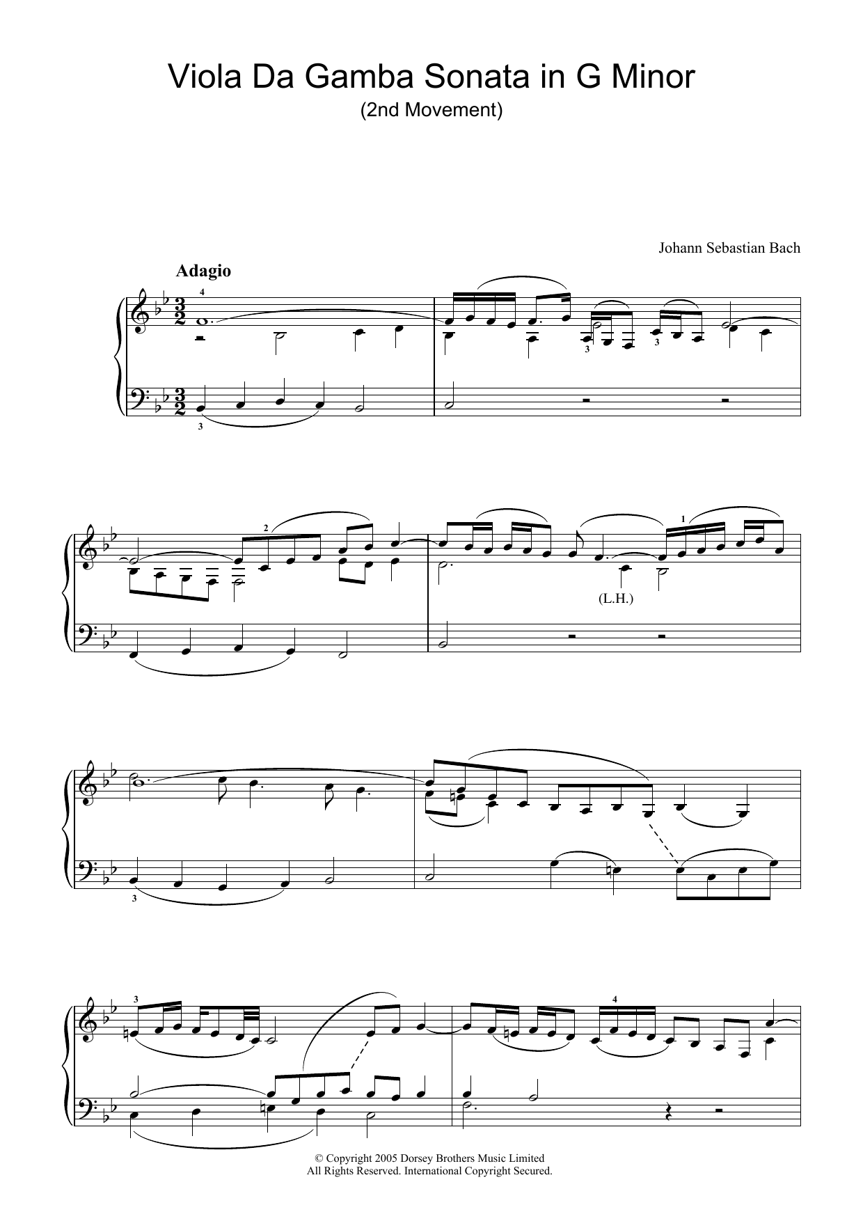 J.S. Bach Viola da Gamba Sonata In G Minor (2nd Movement) sheet music preview music notes and score for Piano including 3 page(s)