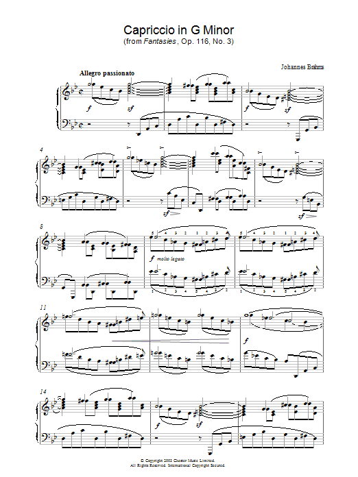 Johannes Brahms Capriccio in G Minor (from Fantasies, Op. 116, No. 3) sheet music, chords, lyrics - Printable PDF for Piano