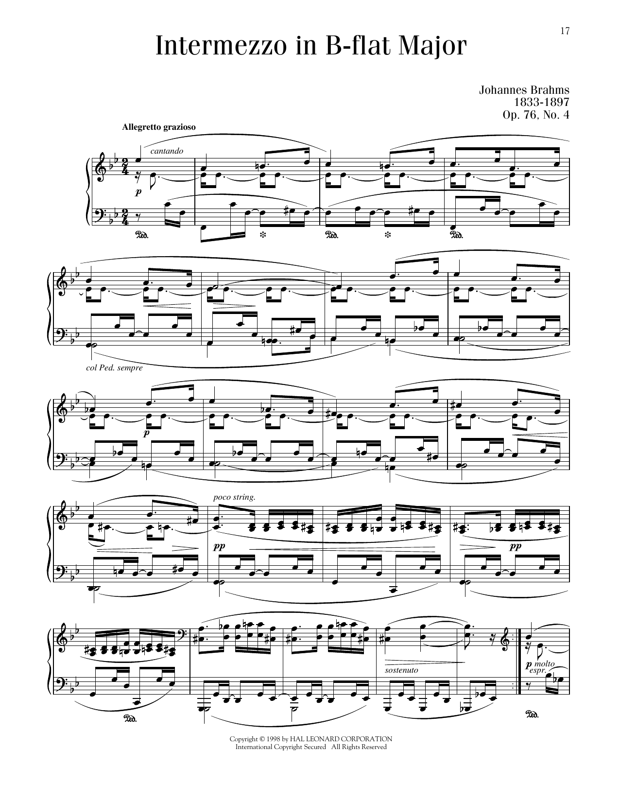 Johannes Brahms Intermezzo In B-flat Major, Op. 76, No. 4 sheet music, chords, lyrics - Printable PDF for Piano Solo