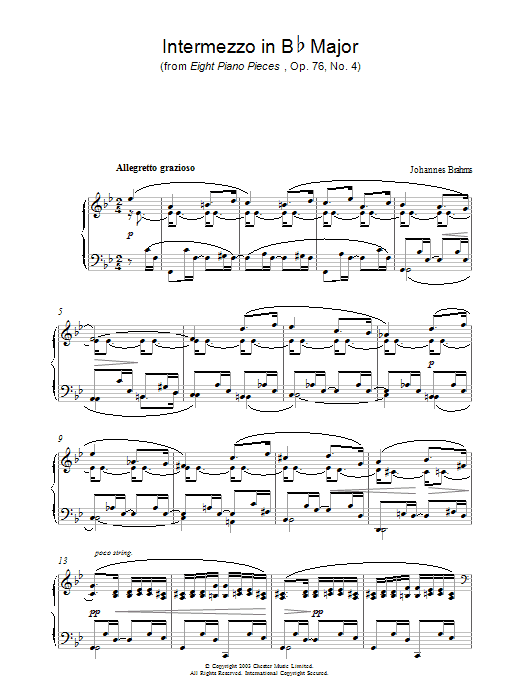 Johannes Brahms Intermezzo in B Flat Major (from Eight Piano Pieces, Op. 76, No. 4) sheet music, chords, lyrics - Printable PDF for Piano