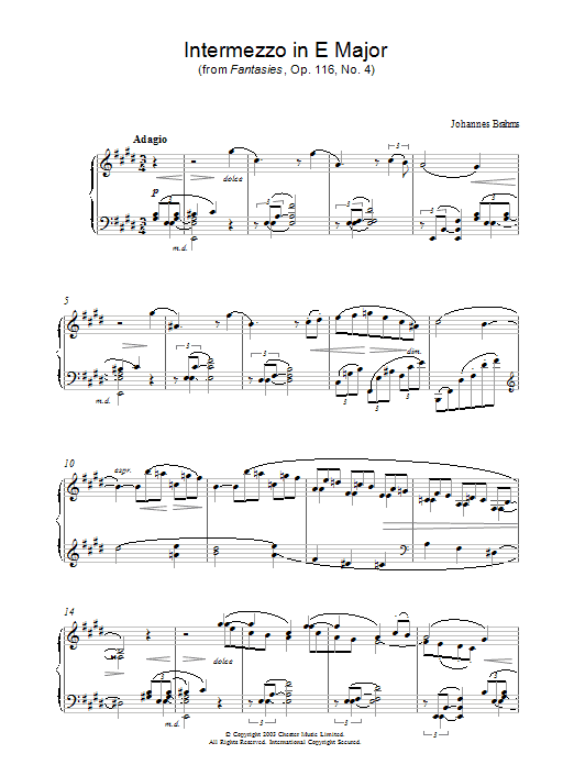 Johannes Brahms Intermezzo in E Major (from Fantasies, Op. 116, No. 4) sheet music, chords, lyrics - Printable PDF for Piano